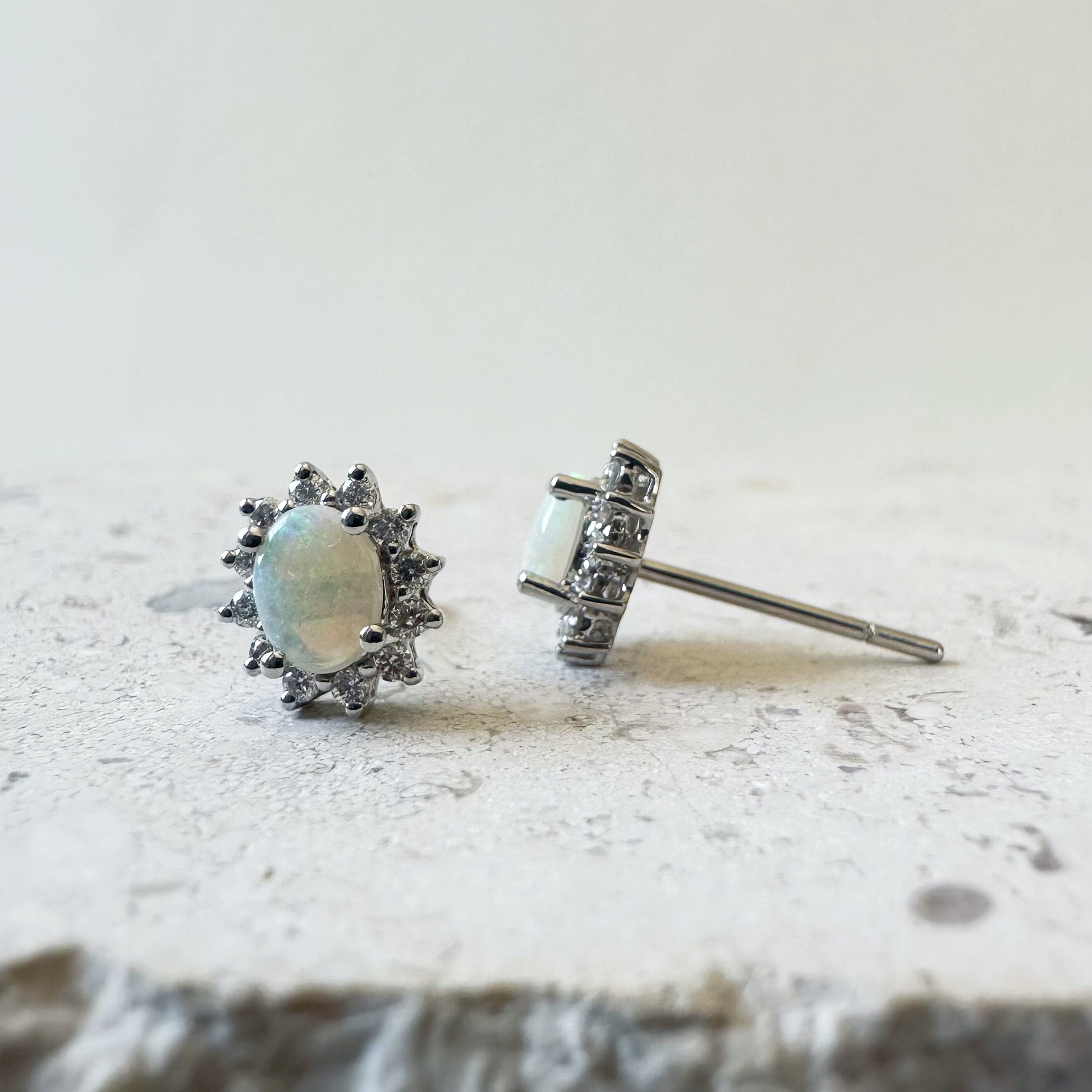 14K Solid Gold Genuine Opal and Diamond Studs