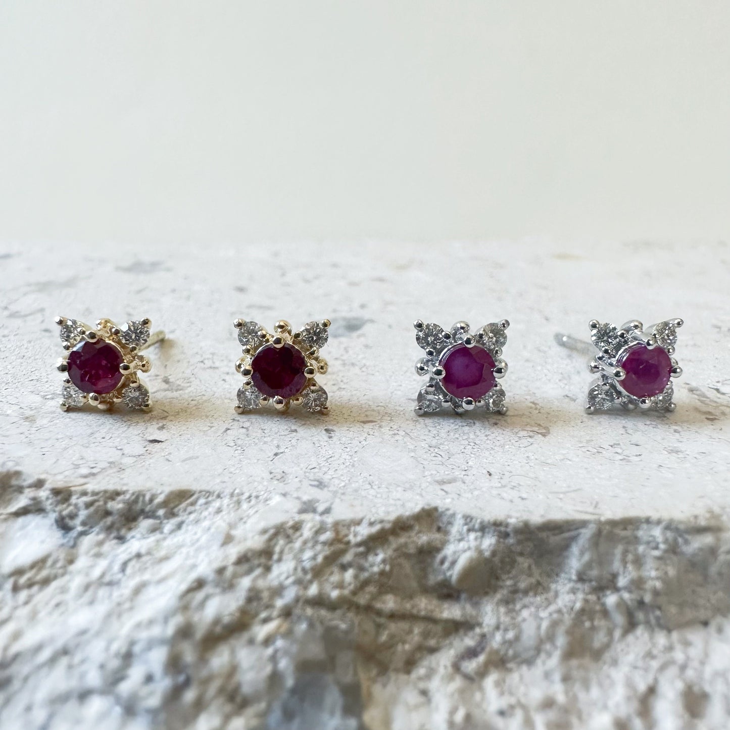 18K Solid White Gold Ruby and Diamond Star Studs/Pair