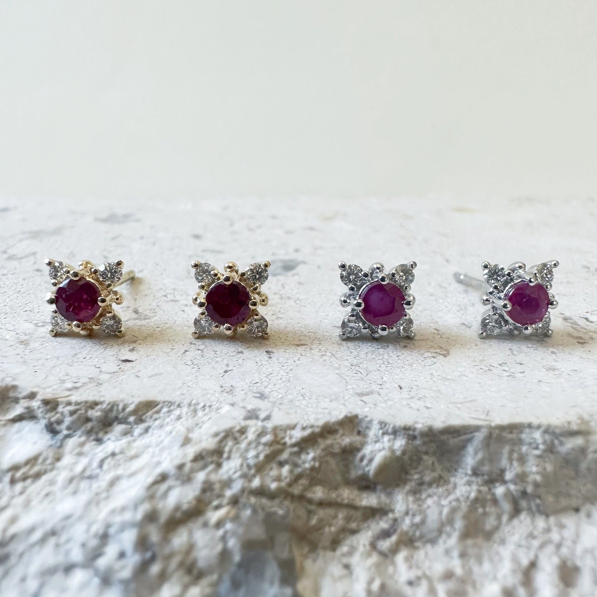 18K Solid White Gold Ruby and Diamond Star Studs/Pair