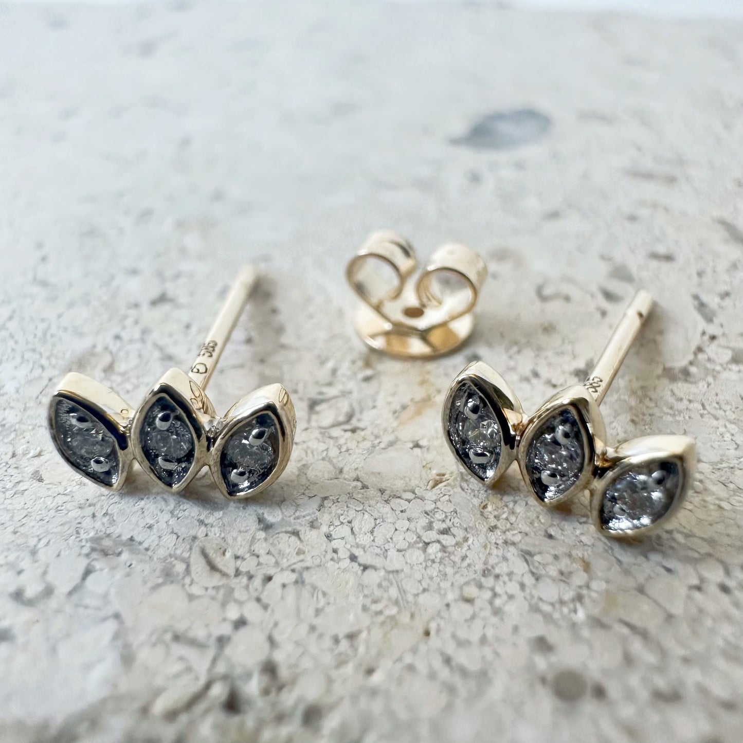 14K Solid Gold Genuine Diamond Bezel Leaf Studs/Pair