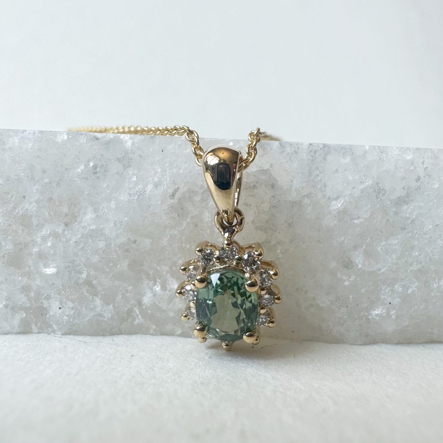 18K Solid White Gold Green Sapphire and Diamond Halo Pendant (Pendant only)