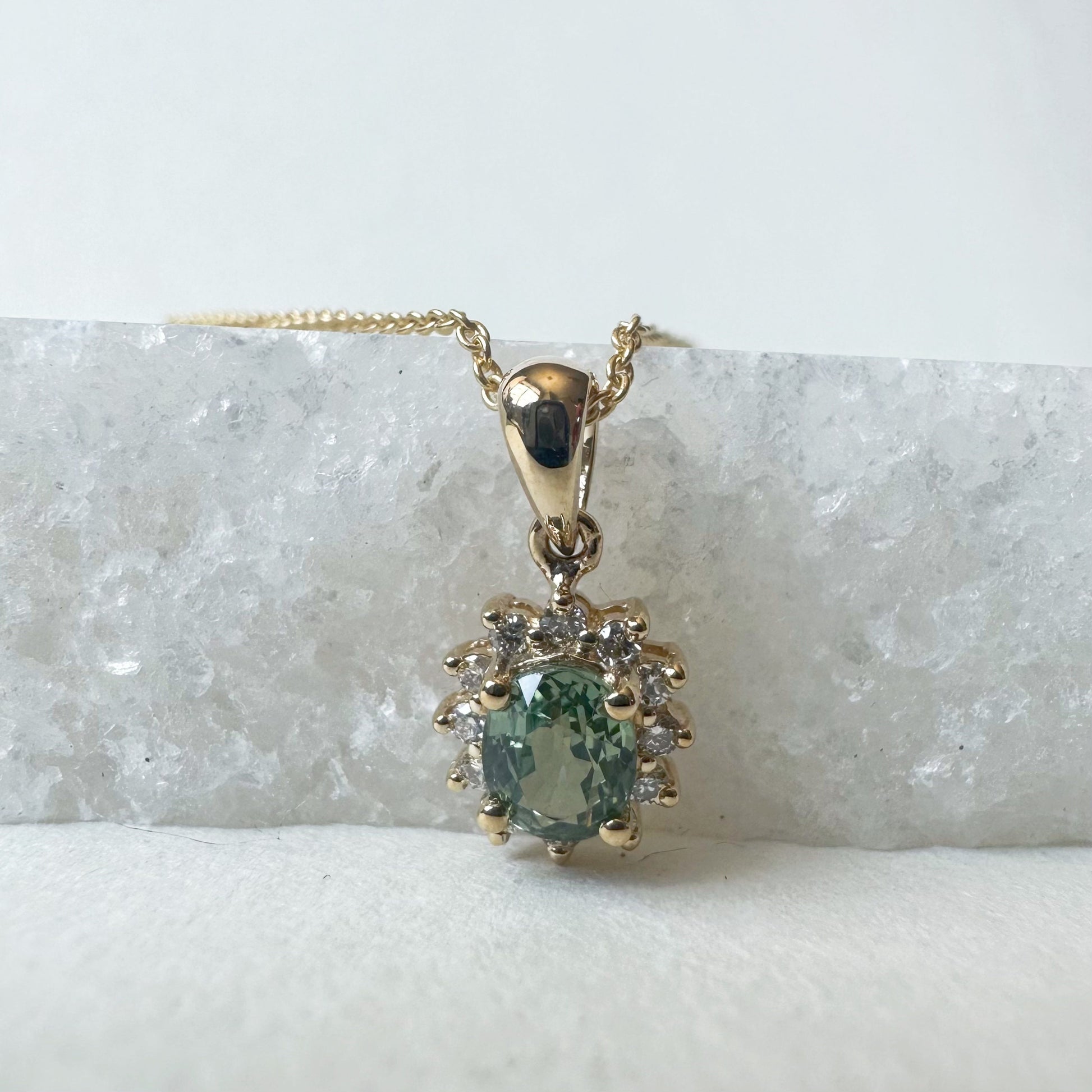18K Solid White Gold Green Sapphire and Diamond Halo Pendant (Pendant only)