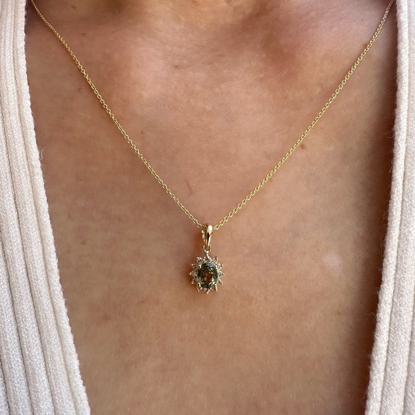 18K Solid White Gold Green Sapphire and Diamond Halo Pendant (Pendant only)
