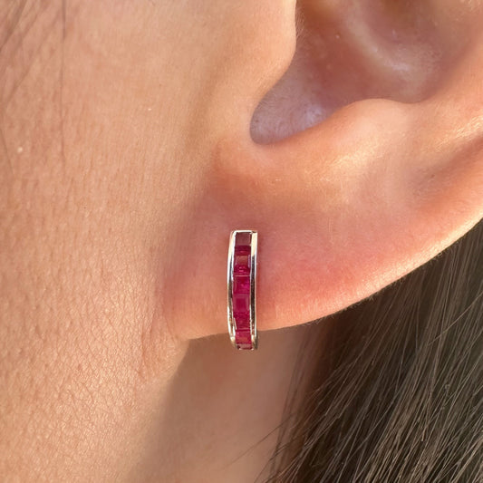 14K Solid Gold Ruby Huggie Earrings/Pair