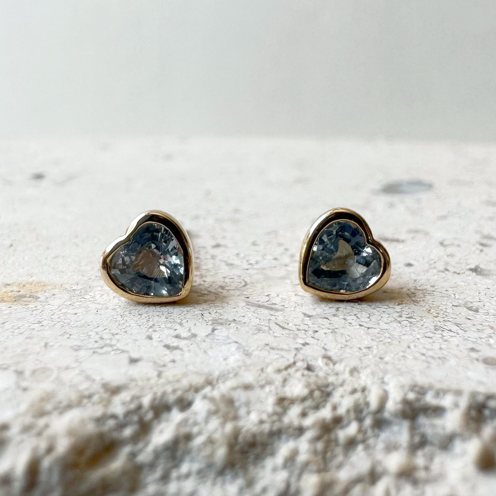 14K Solid Gold Genuine Ceylon Sapphire Heart Studs/Pair