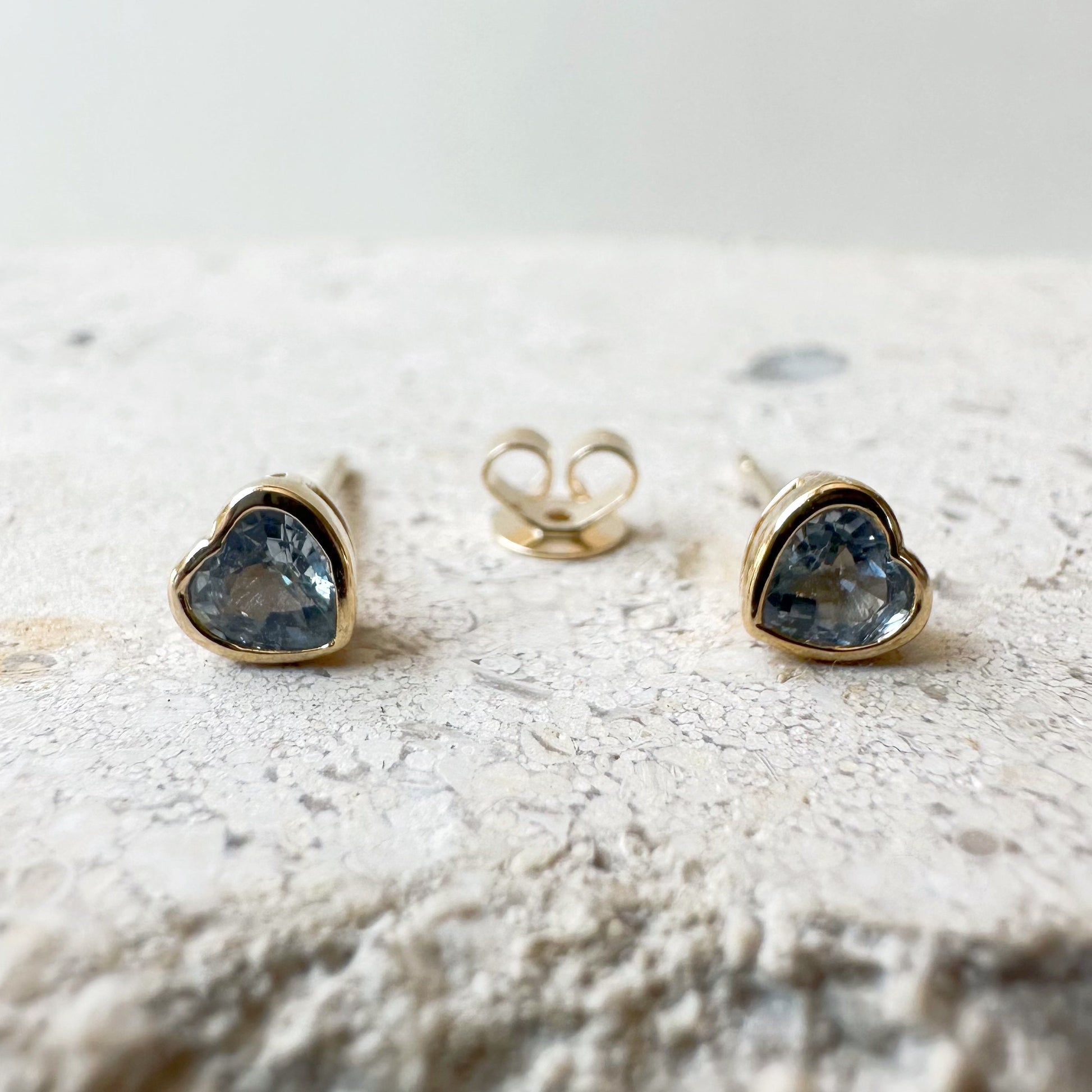 14K Solid Gold Genuine Ceylon Sapphire Heart Studs/Pair