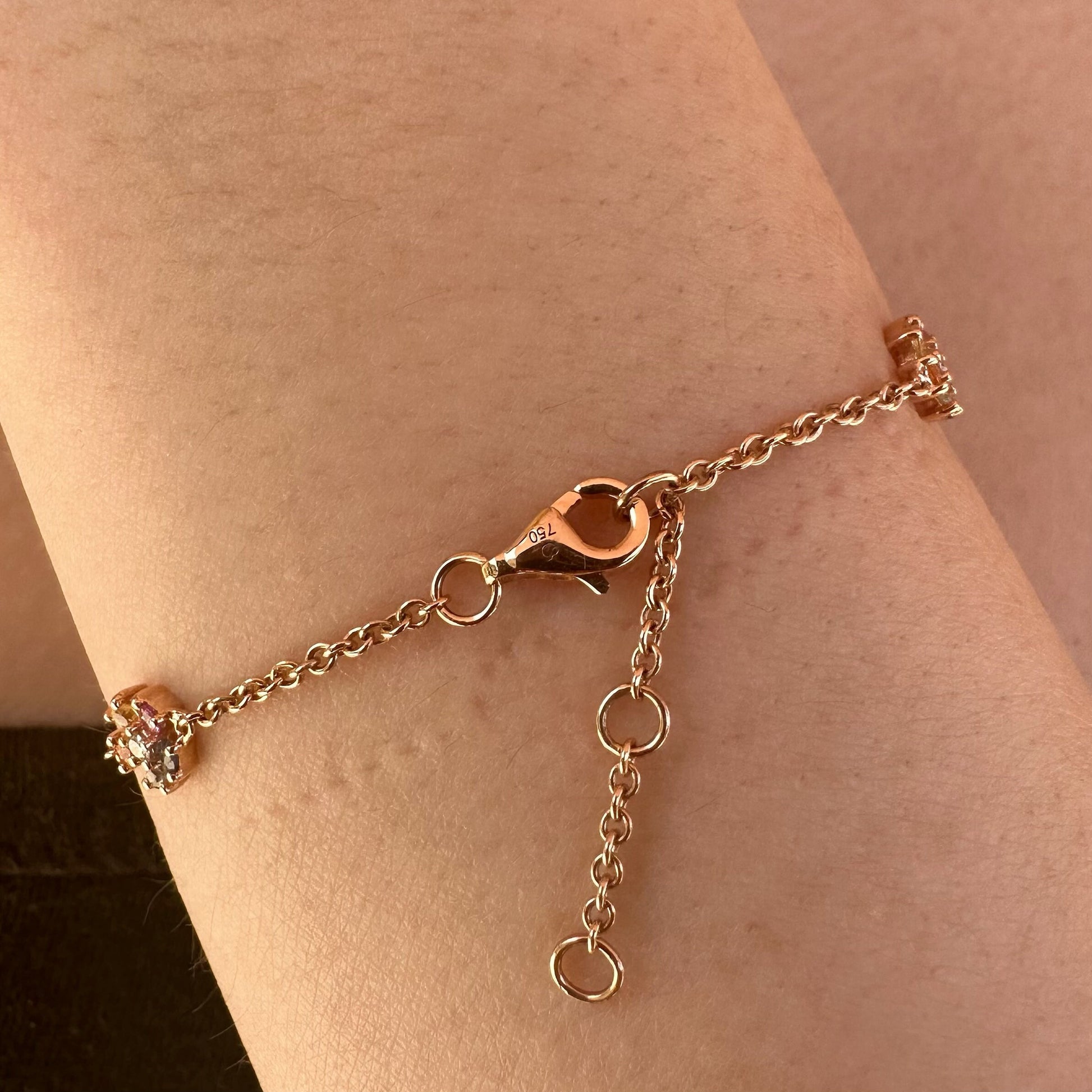 18K Solid Rose Gold Genuine Color Sapphire and Diamond Flowers Bracelet