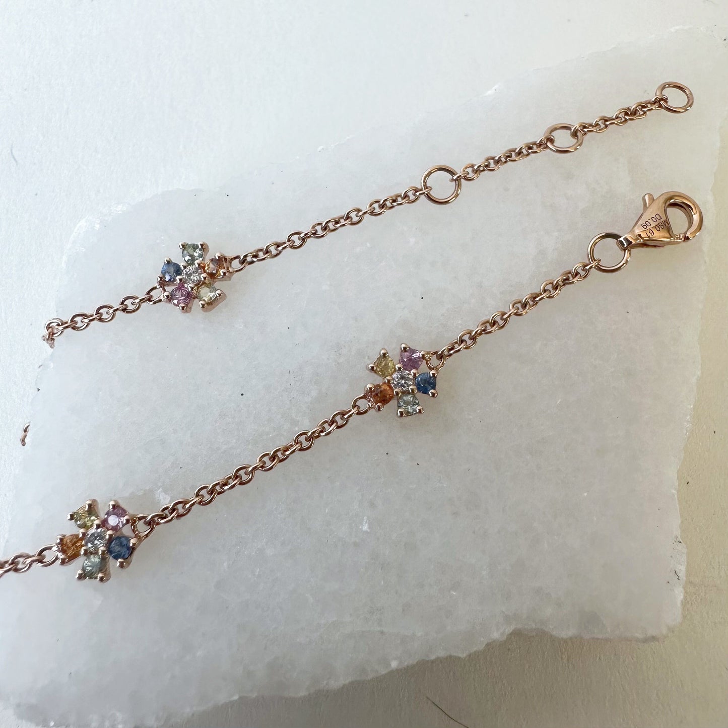 18K Solid Rose Gold Genuine Color Sapphire and Diamond Flowers Bracelet
