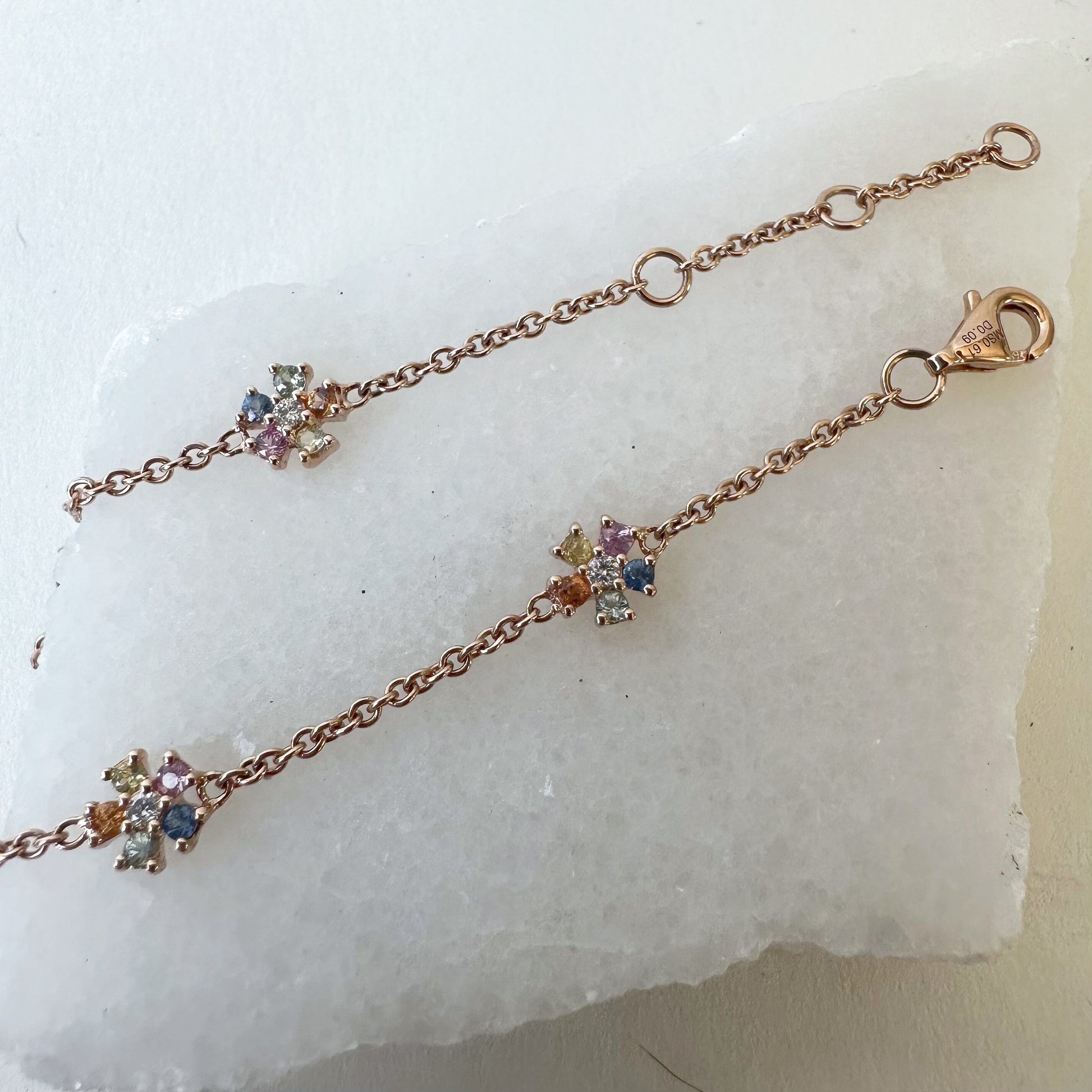 18K Solid Rose Gold Genuine Color Sapphire and Diamond Flowers Bracelet