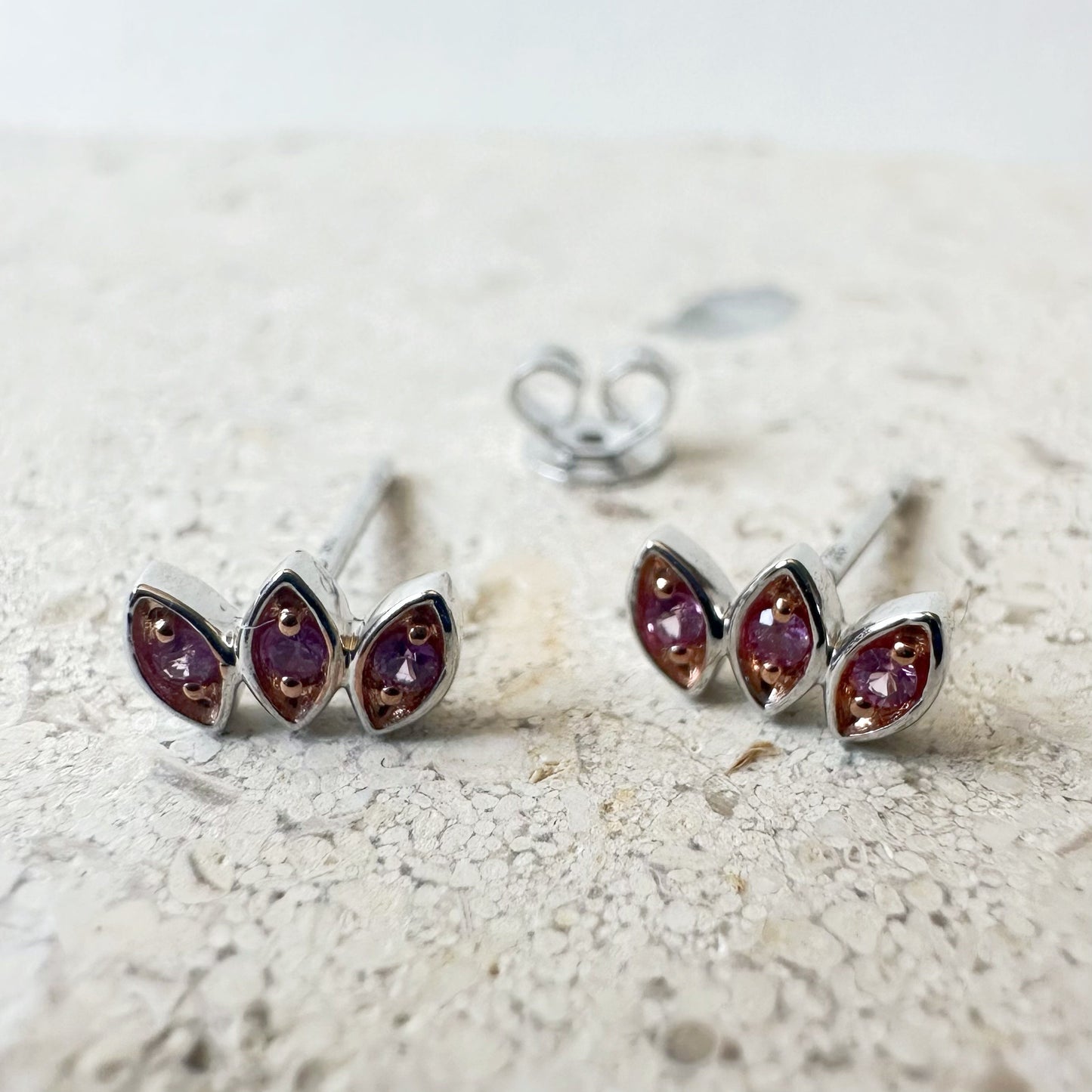 14K Solid Gold Genuine Pink Sapphire Bezel Leaf Studs/Pair
