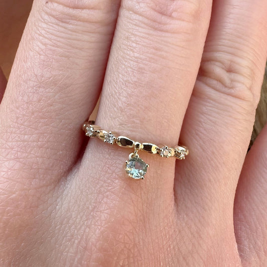 14K Solid Gold Genuine Green Sapphire and Diamond Dangle Ring