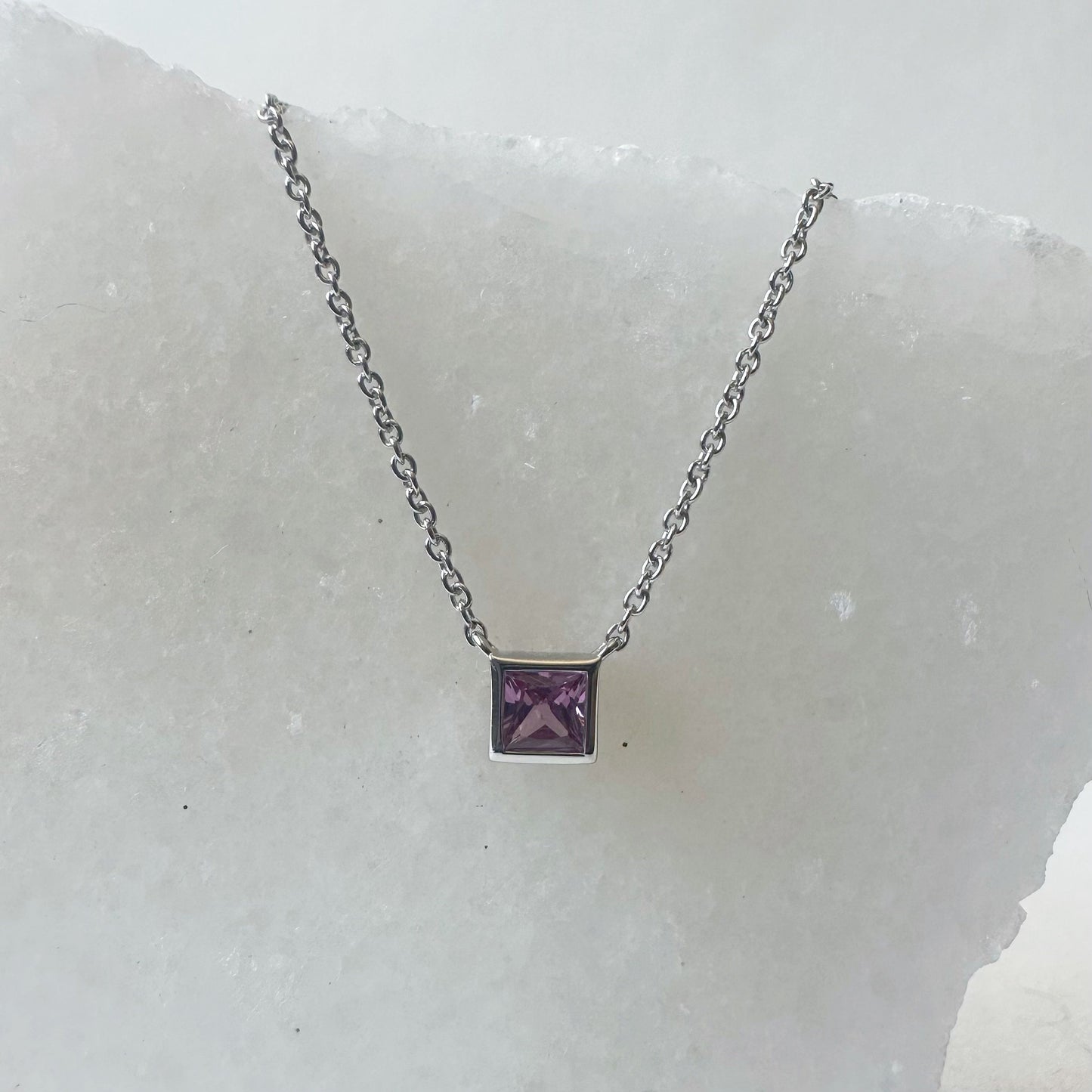 14K Solid Gold Genuine Pink Sapphire Square Necklace
