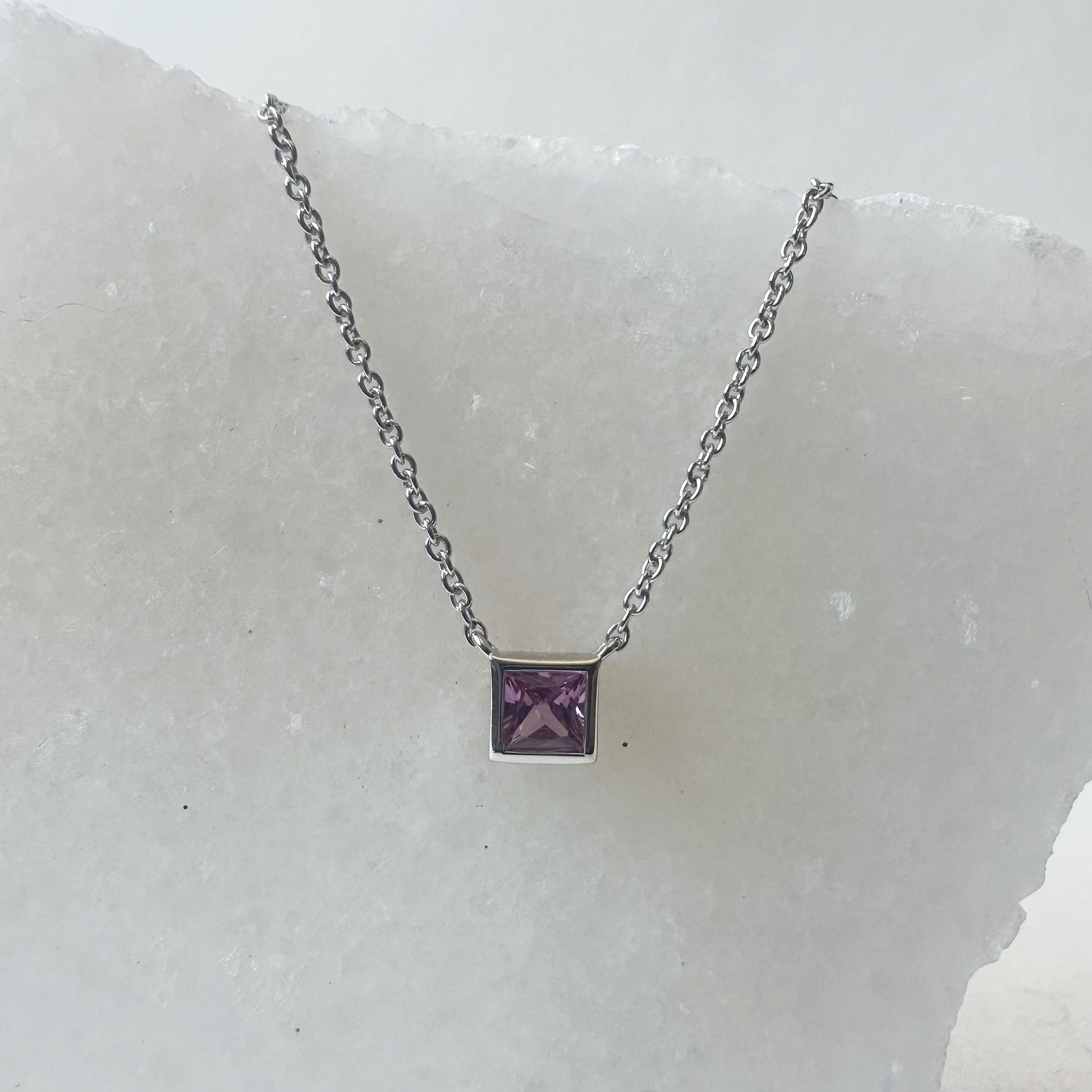 14K Solid Gold Genuine Pink Sapphire Square Necklace
