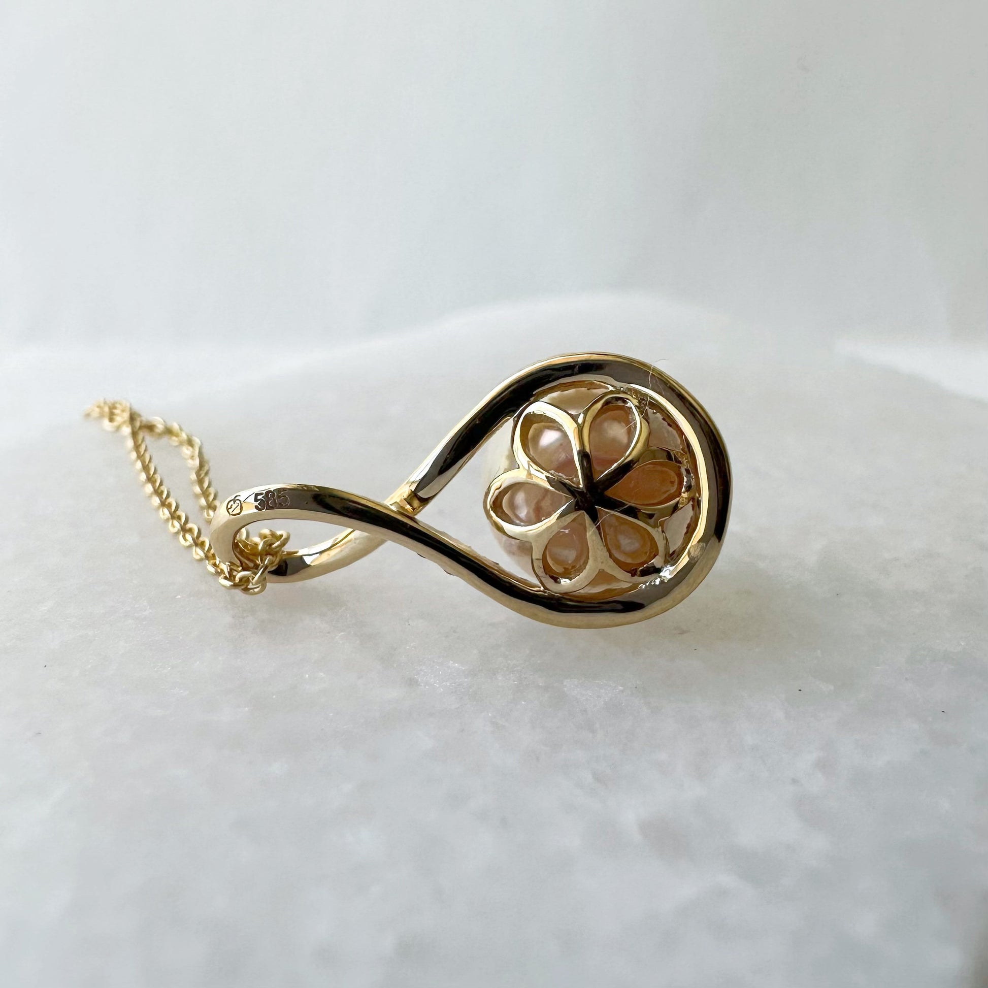 14K Solid Gold Genuine Diamond and Pearl Twist Pendant