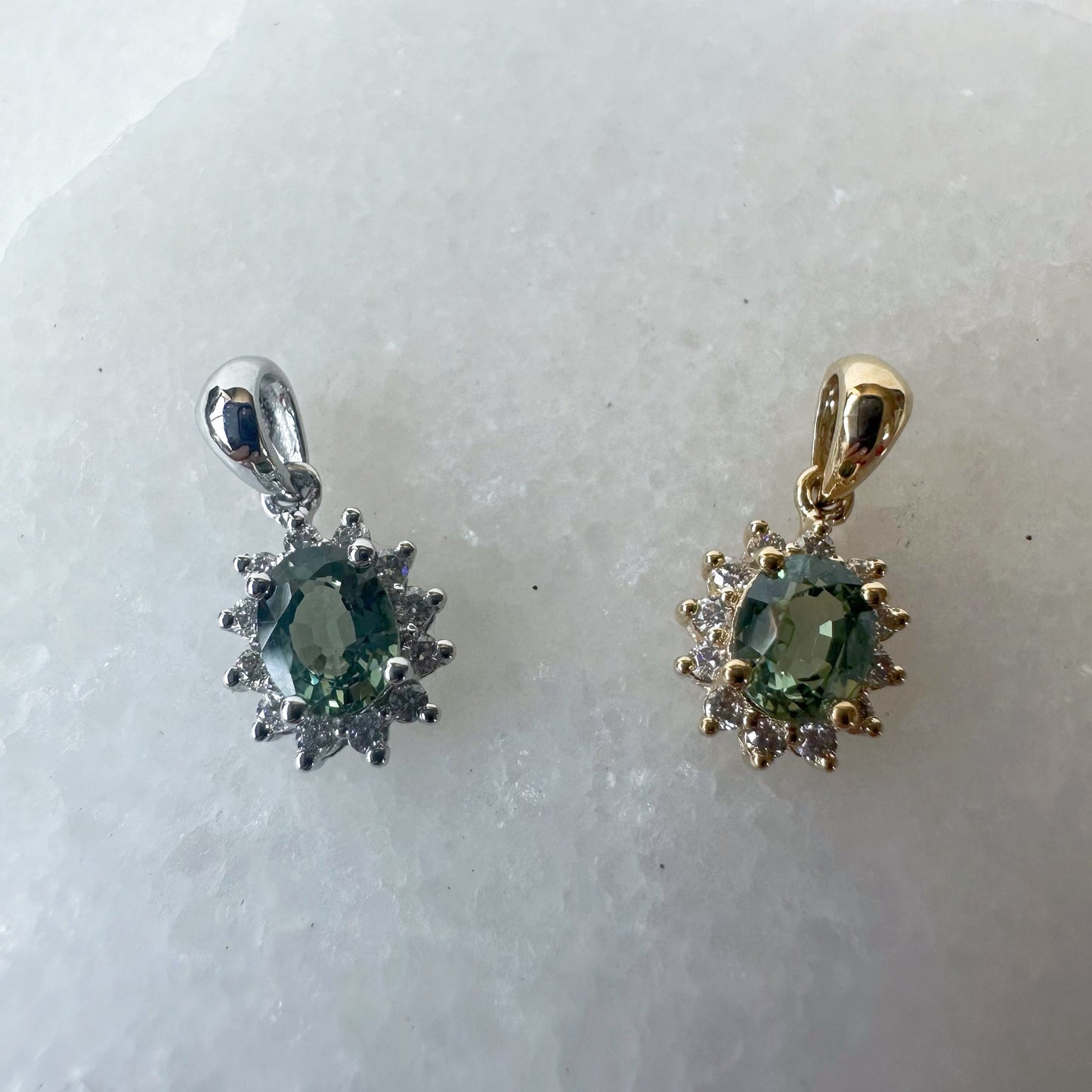 18K Solid White Gold Green Sapphire and Diamond Halo Pendant (Pendant only)