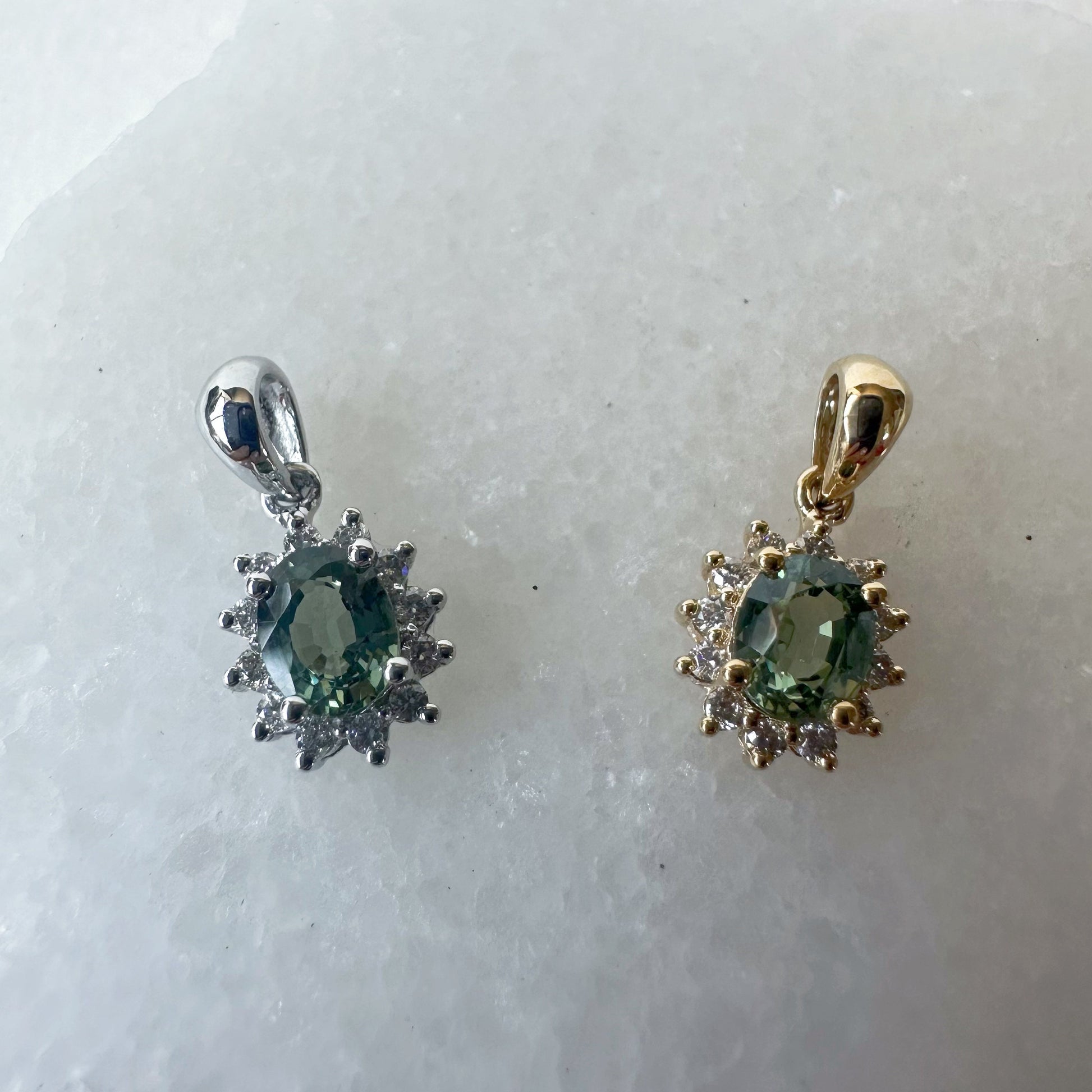 18K Solid White Gold Green Sapphire and Diamond Halo Pendant (Pendant only)