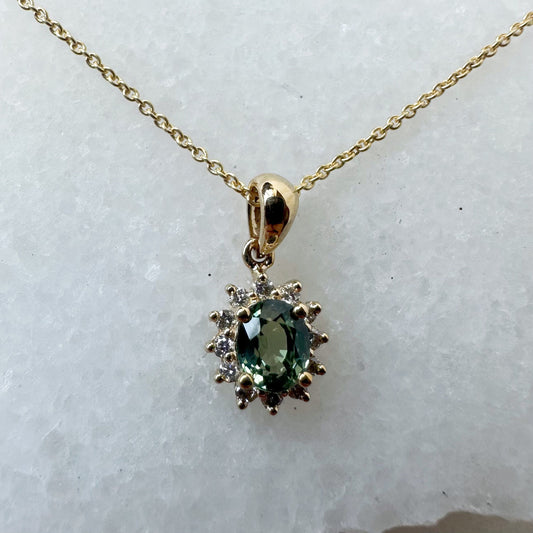18K Solid White Gold Green Sapphire and Diamond Halo Pendant (Pendant only)