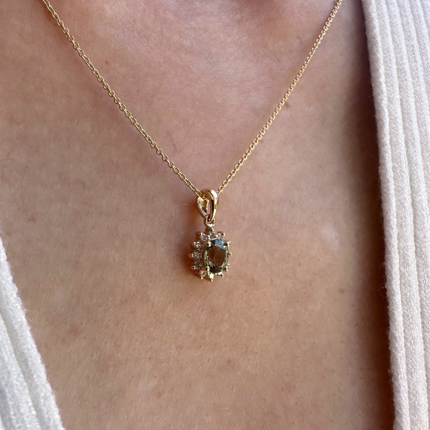 14K Solid Gold Green Sapphire and Diamond Halo Pendant