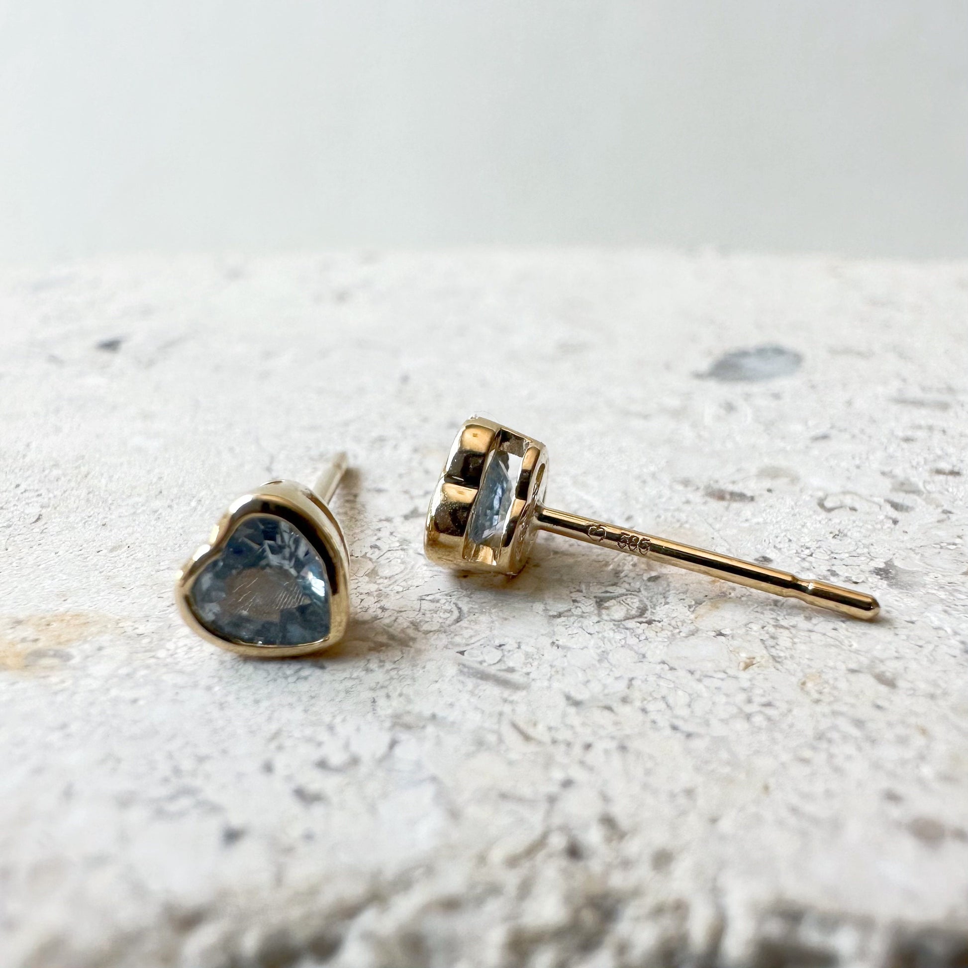 14K Solid Gold Genuine Ceylon Sapphire Heart Studs/Pair