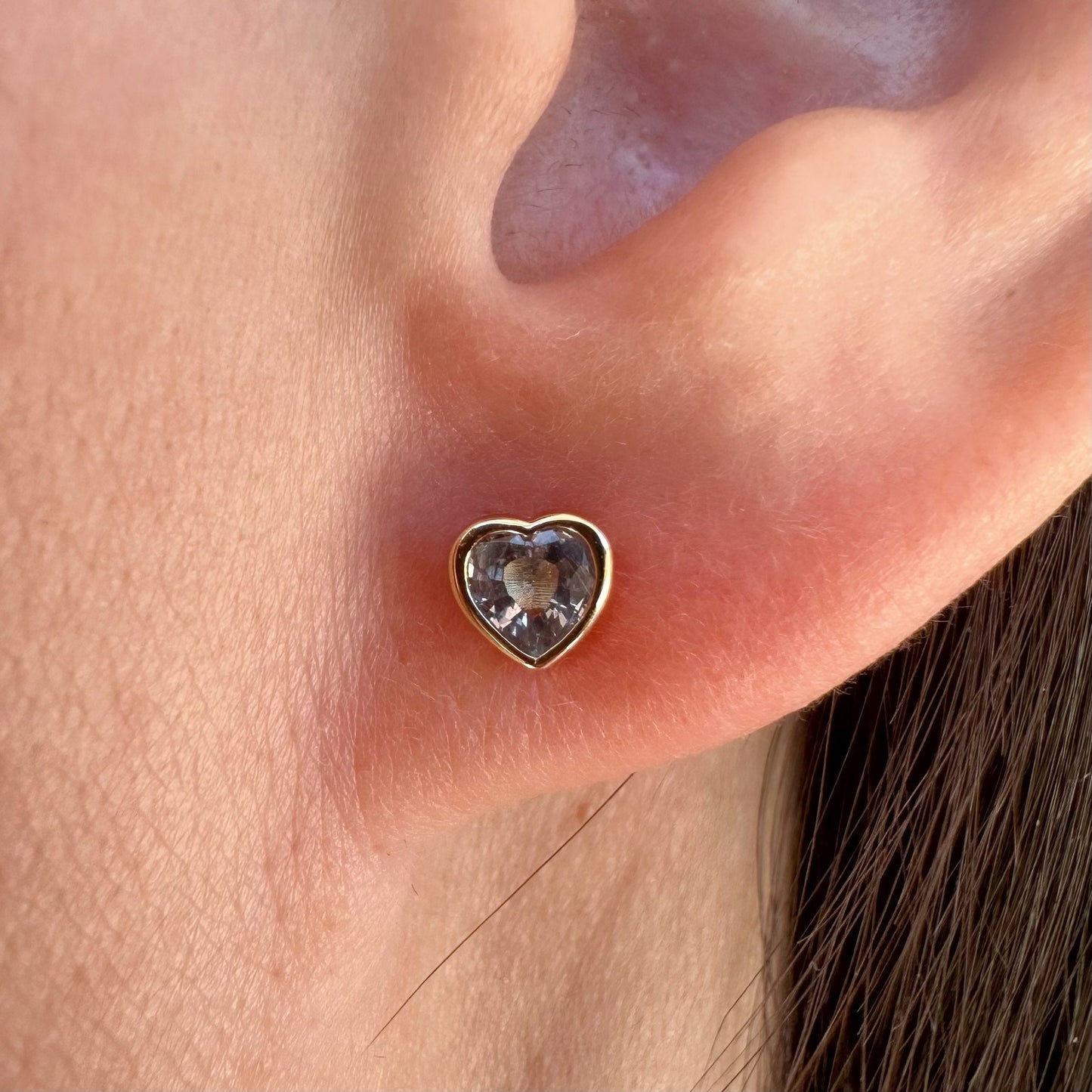 14K Solid Gold Genuine Ceylon Sapphire Heart Studs/Pair