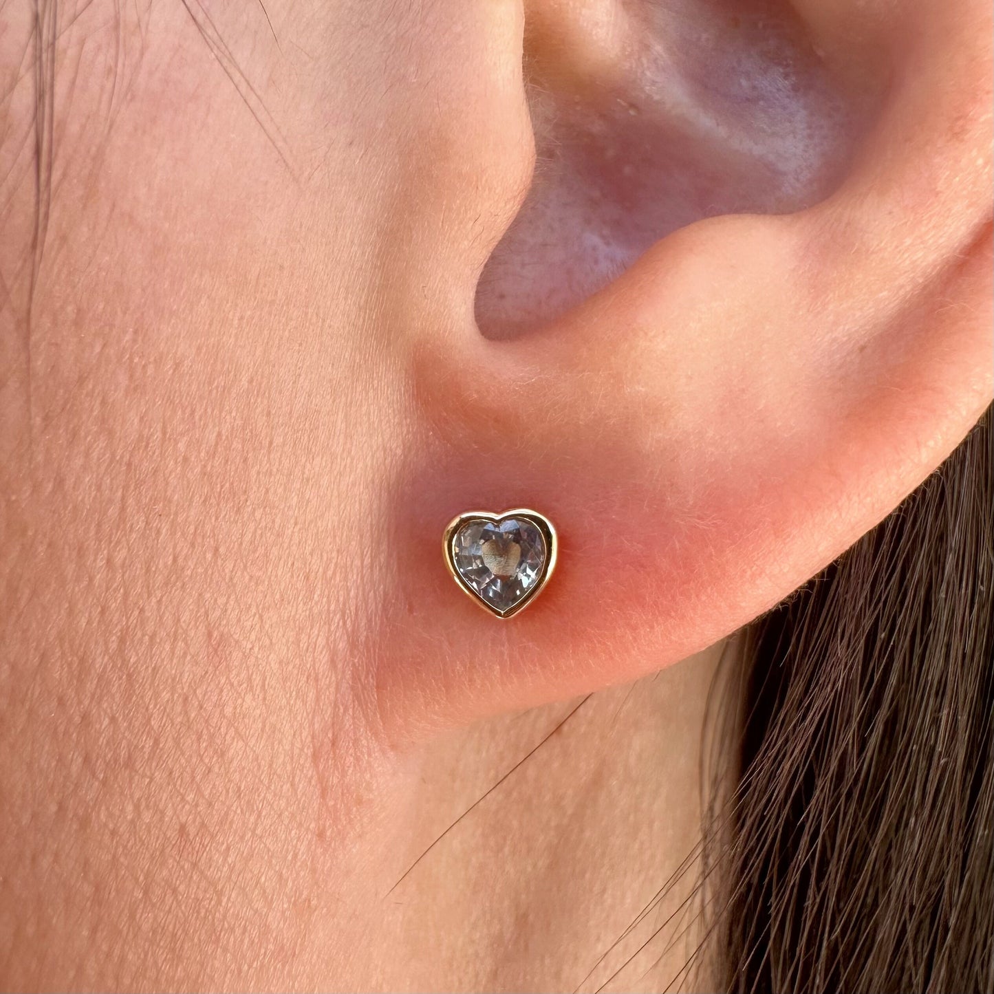 14K Solid Gold Genuine Ceylon Sapphire Heart Studs/Pair