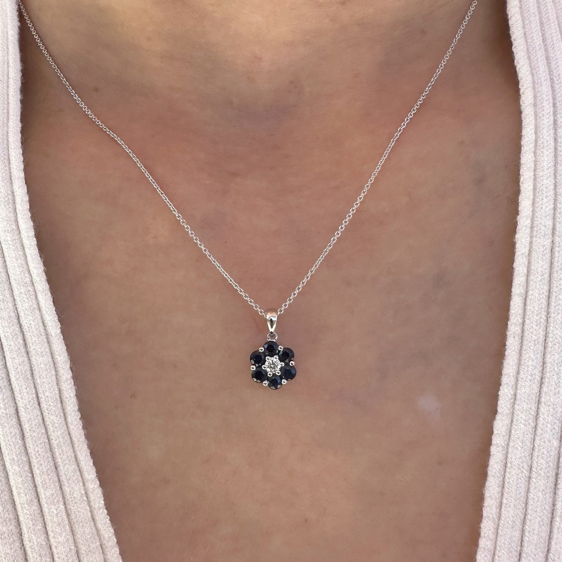 14K Solid Gold Genuine Sapphire and Diamond Flower Pendant