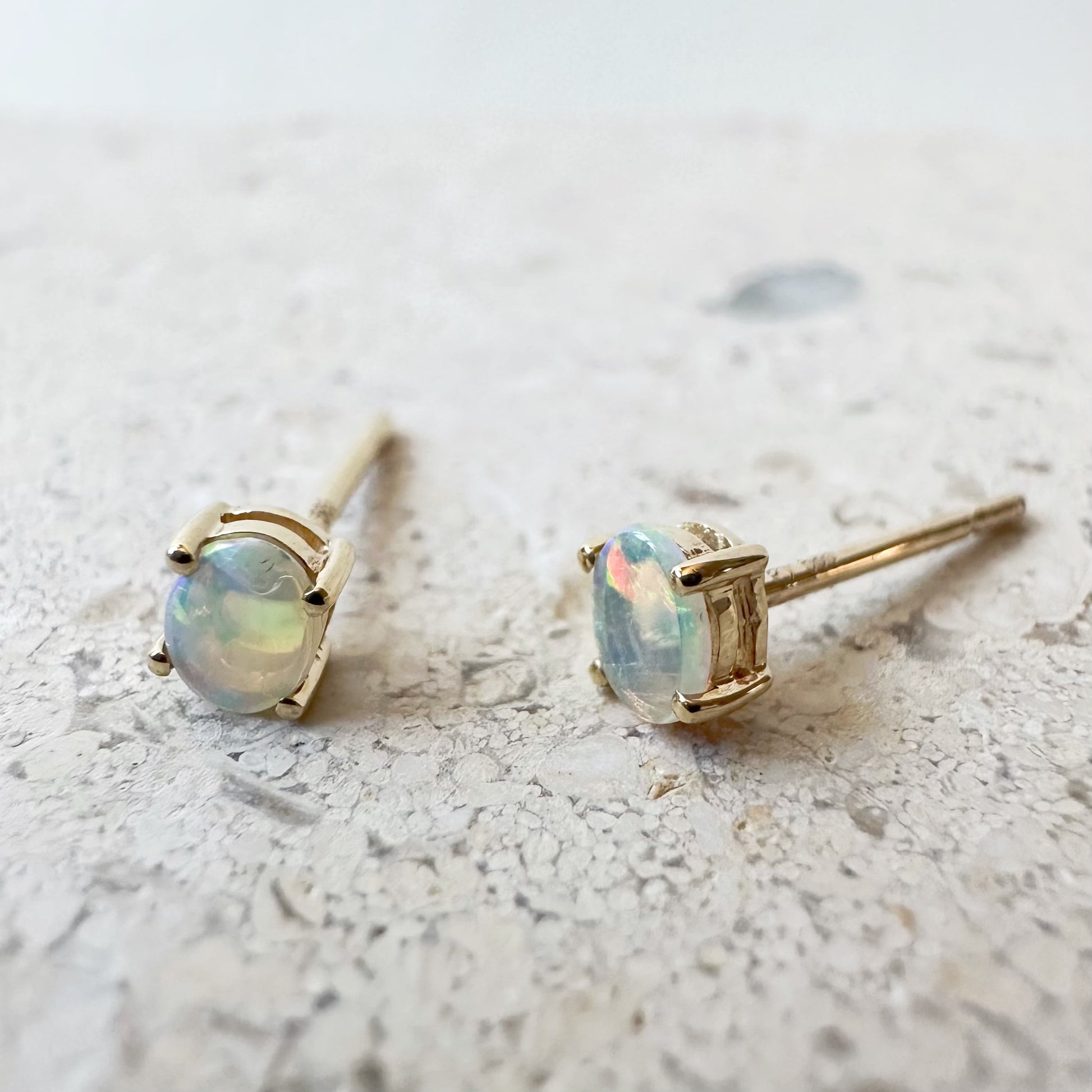 14K Solid Gold Genuine Oval Opal Studs/Pair