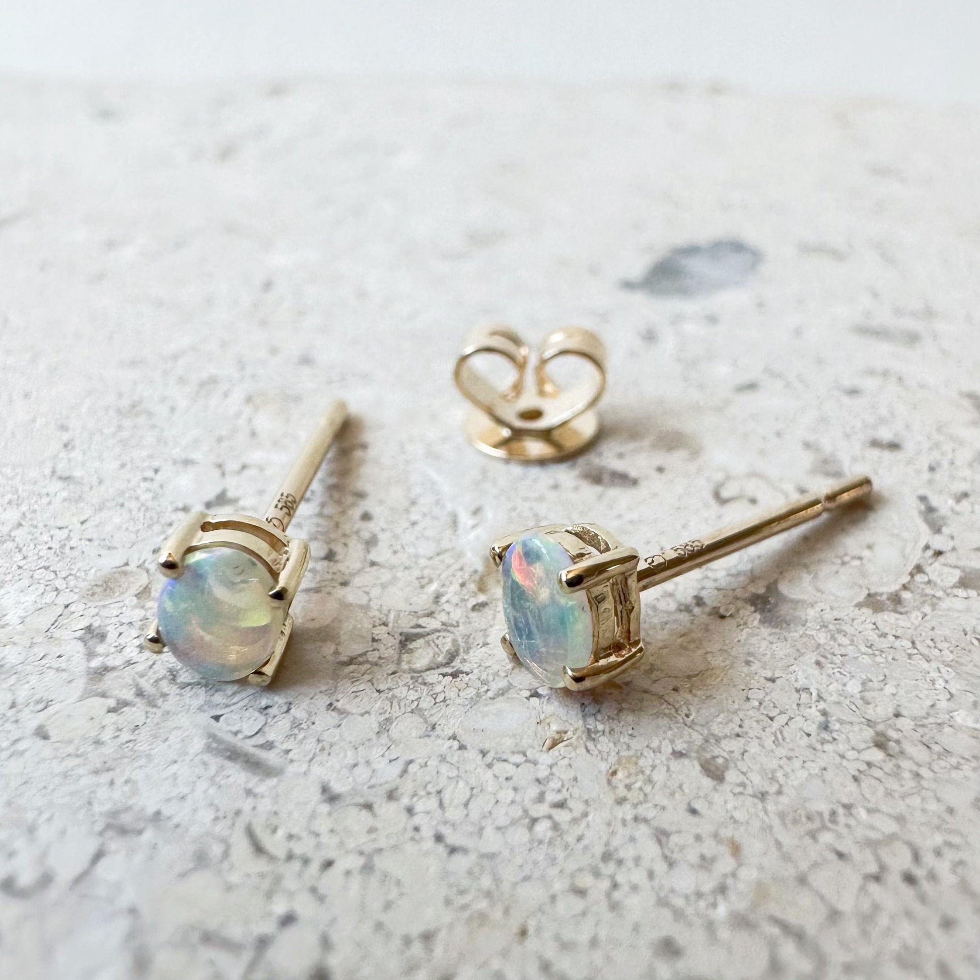 14K Solid Gold Genuine Oval Opal Studs/Pair