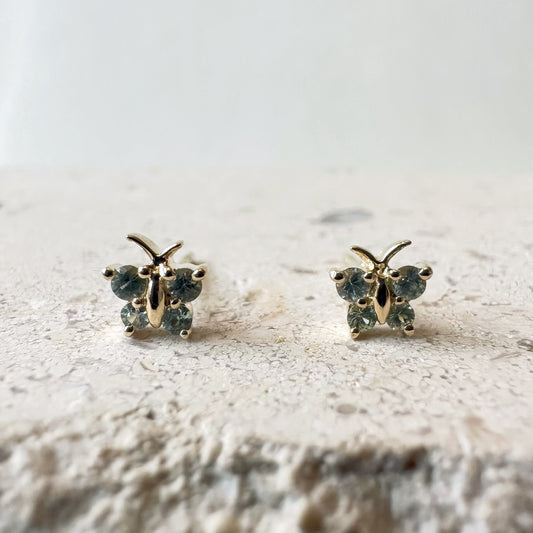 14K Solid Gold Genuine Green Sapphire Butterfly Studs/Pair