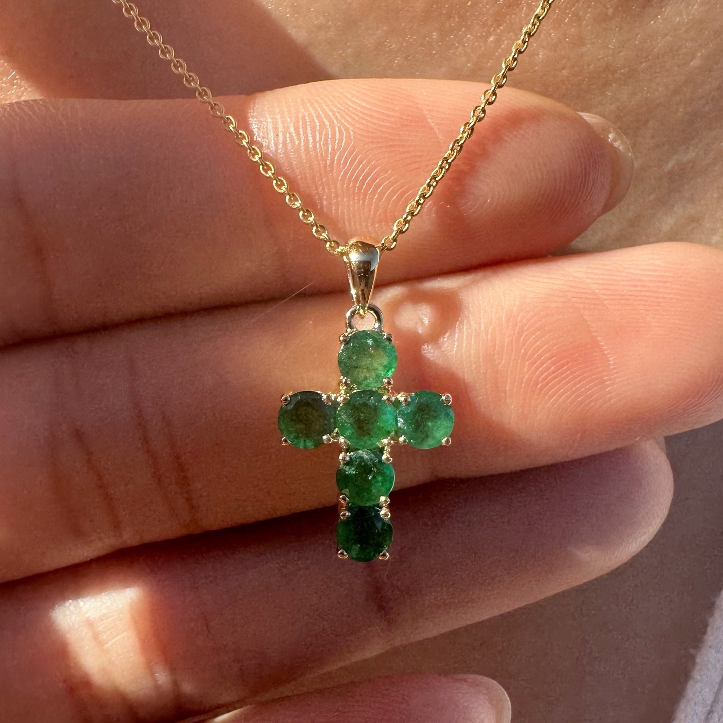 14K Solid Gold Genuine Round Emerald Cross Pendant