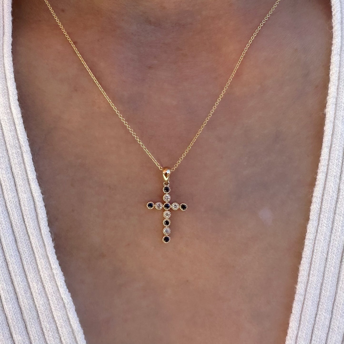 14K Solid Gold Genuine Sapphire and Diamond Bezel Cross Pendant