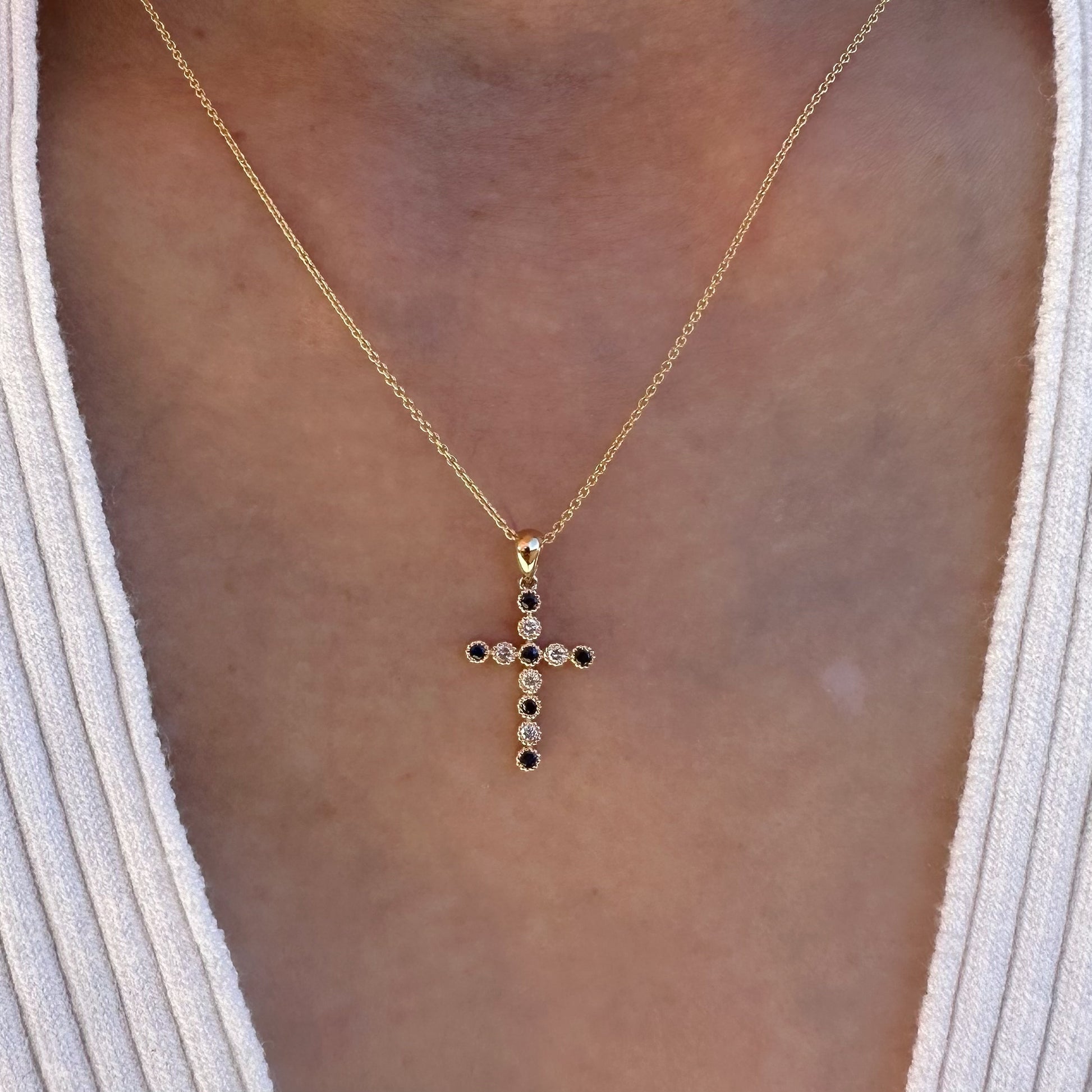 14K Solid Gold Genuine Sapphire and Diamond Bezel Cross Pendant