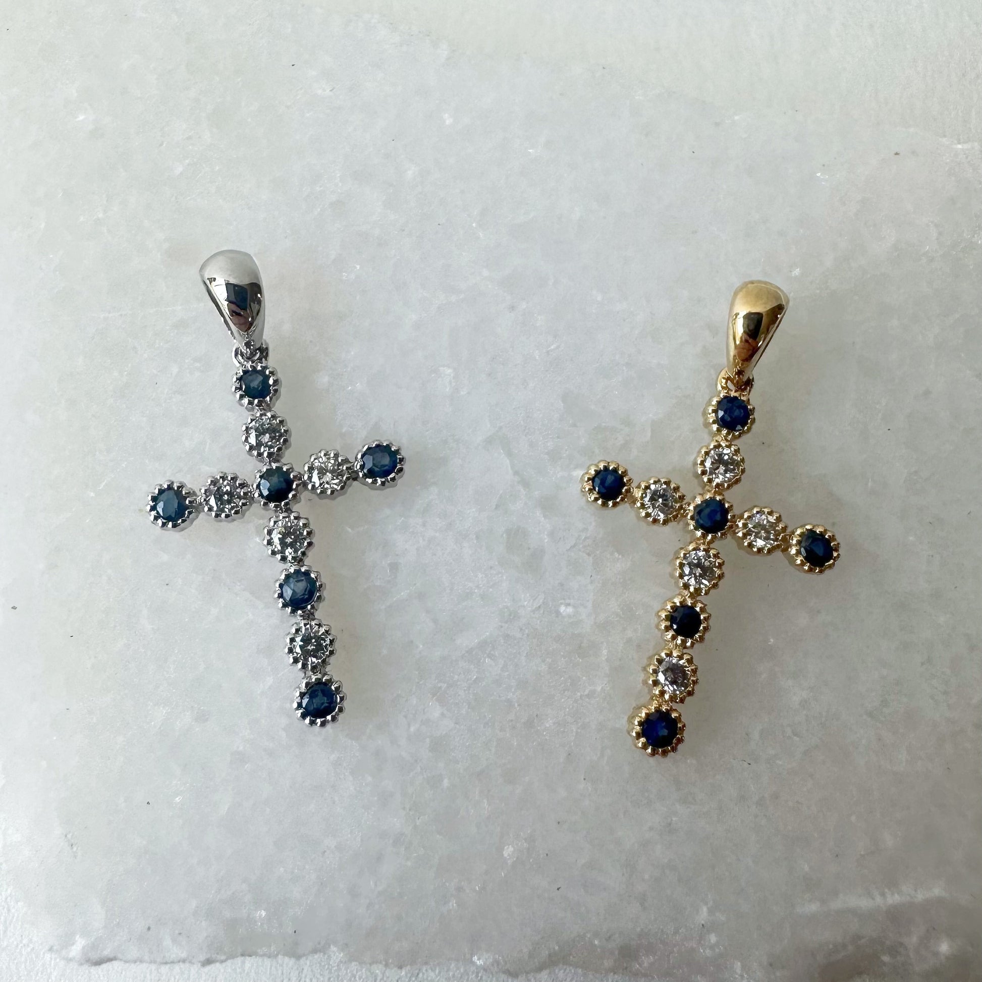 14K Solid Gold Genuine Sapphire and Diamond Bezel Cross Pendant