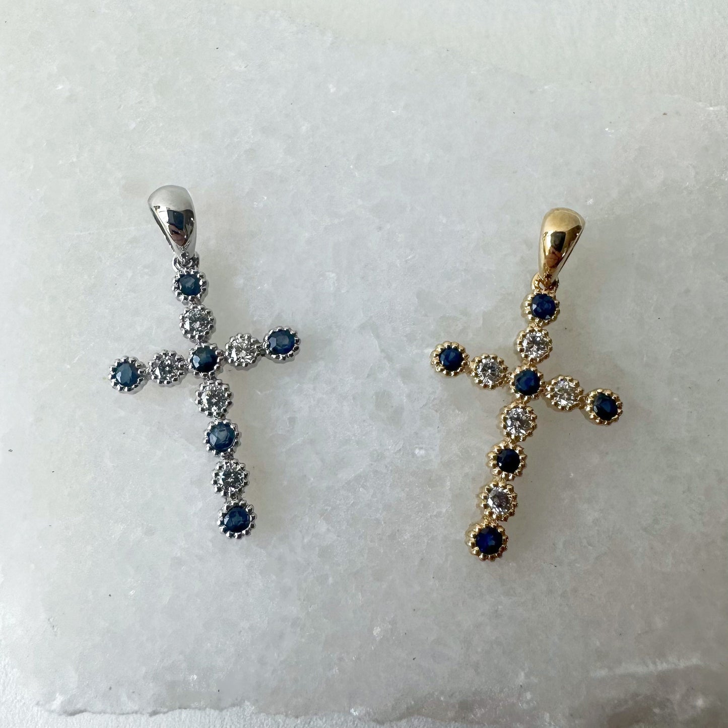 14K Solid Gold Genuine Sapphire and Diamond Bezel Cross Pendant