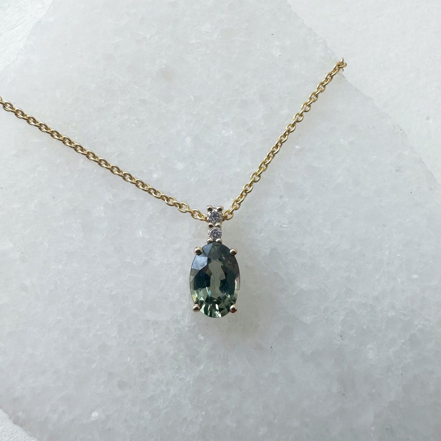 14K Solid Gold Diamond and Oval Green Sapphire Pendant