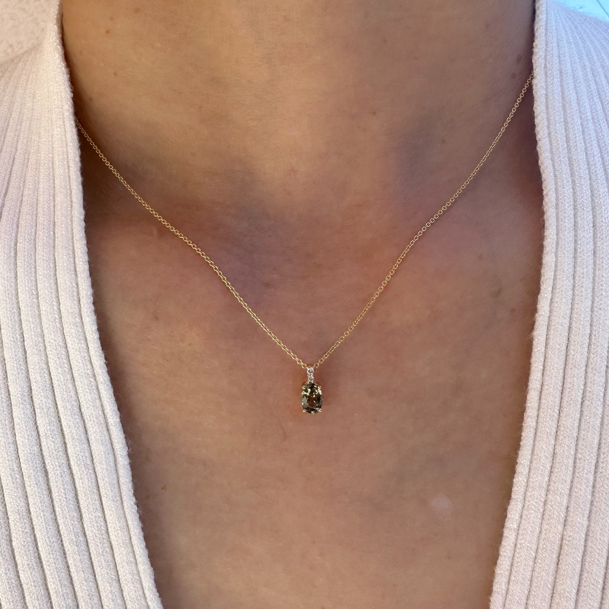 14K Solid Gold Diamond and Oval Green Sapphire Pendant
