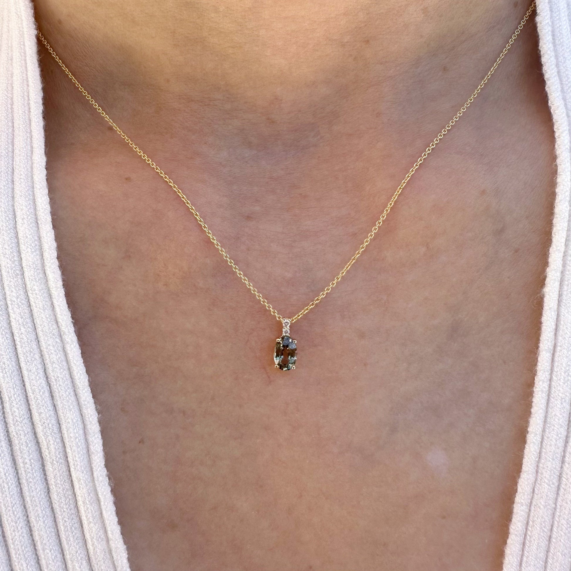 14K Solid Gold Diamond and Oval Green Sapphire Pendant