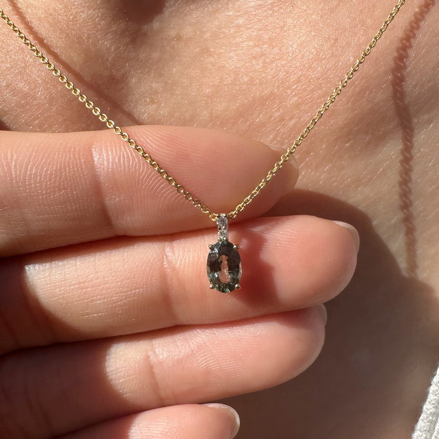 14K Solid Gold Diamond and Oval Green Sapphire Pendant