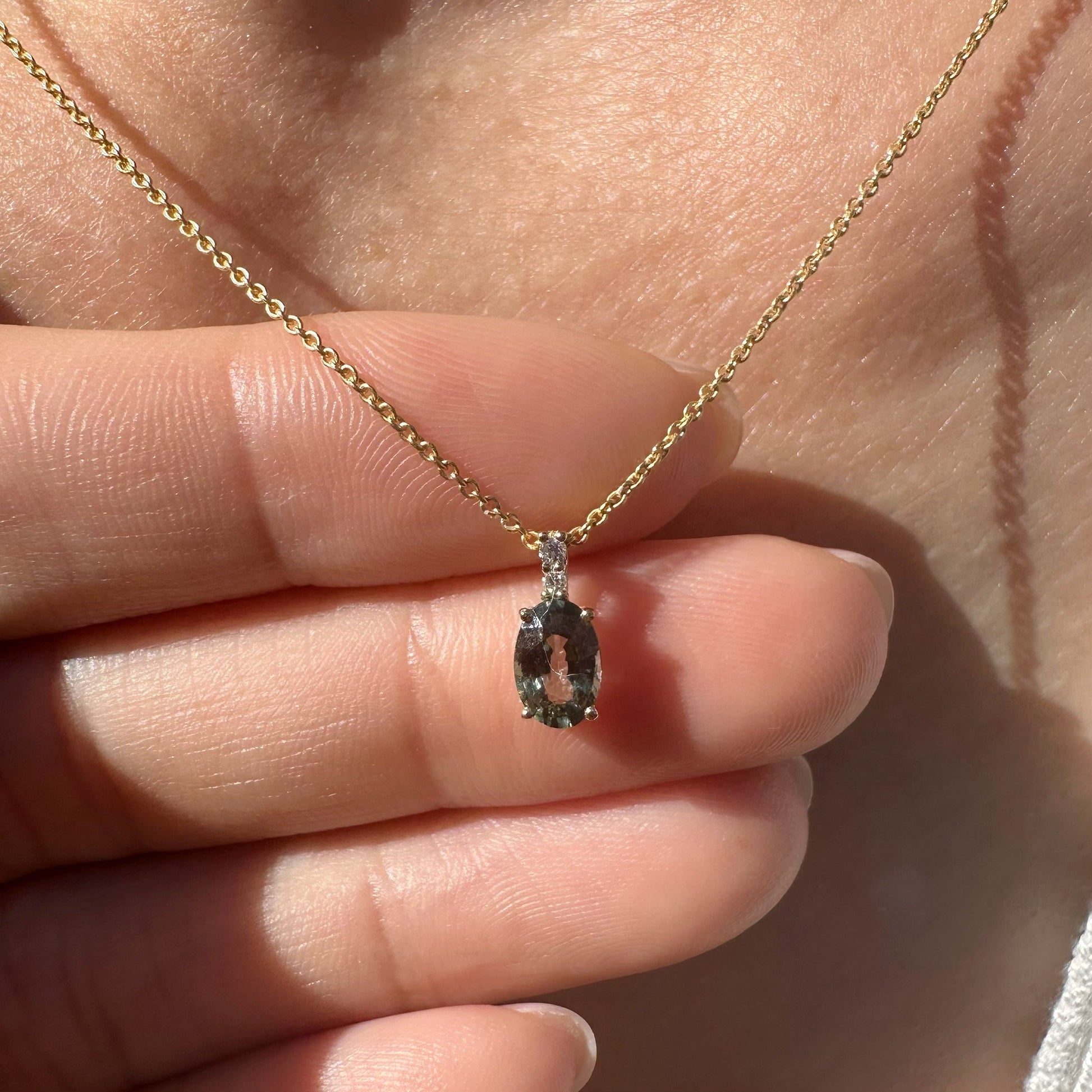 14K Solid Gold Diamond and Oval Green Sapphire Pendant