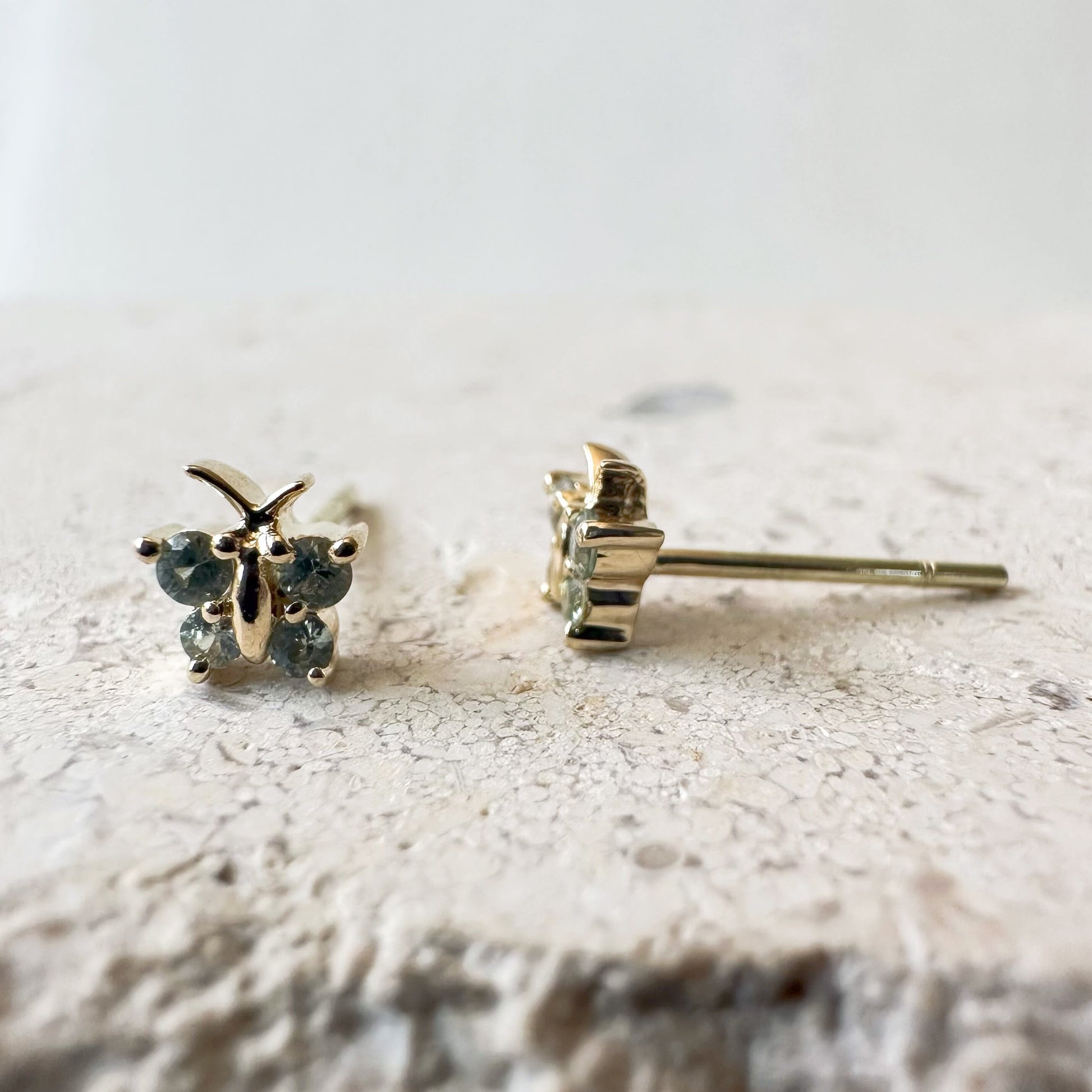 14K Solid Gold Genuine Green Sapphire Butterfly Studs/Pair