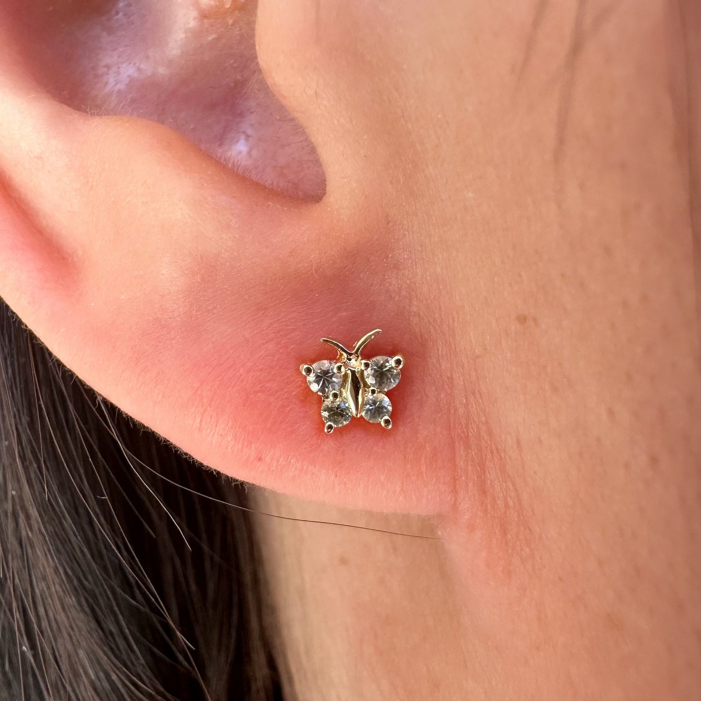 14K Solid Gold Genuine Green Sapphire Butterfly Studs/Pair