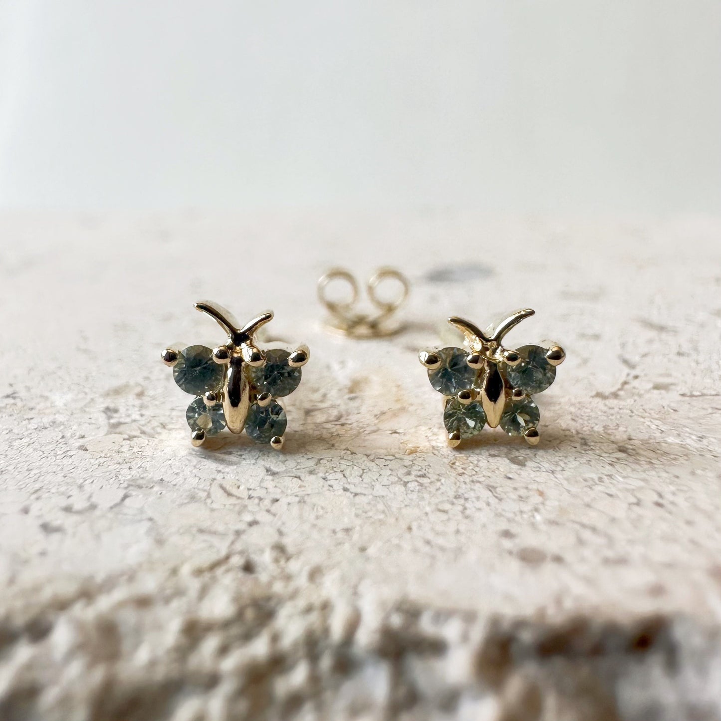 14K Solid Gold Genuine Green Sapphire Butterfly Studs/Pair