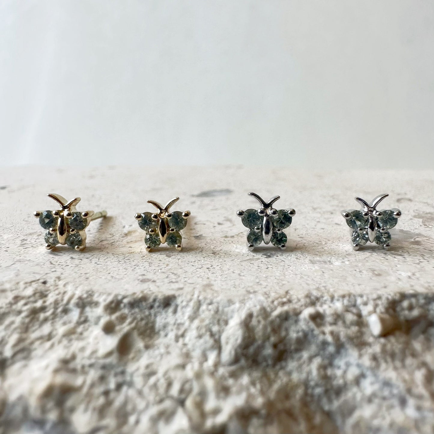 14K Solid Gold Genuine Green Sapphire Butterfly Studs/Pair