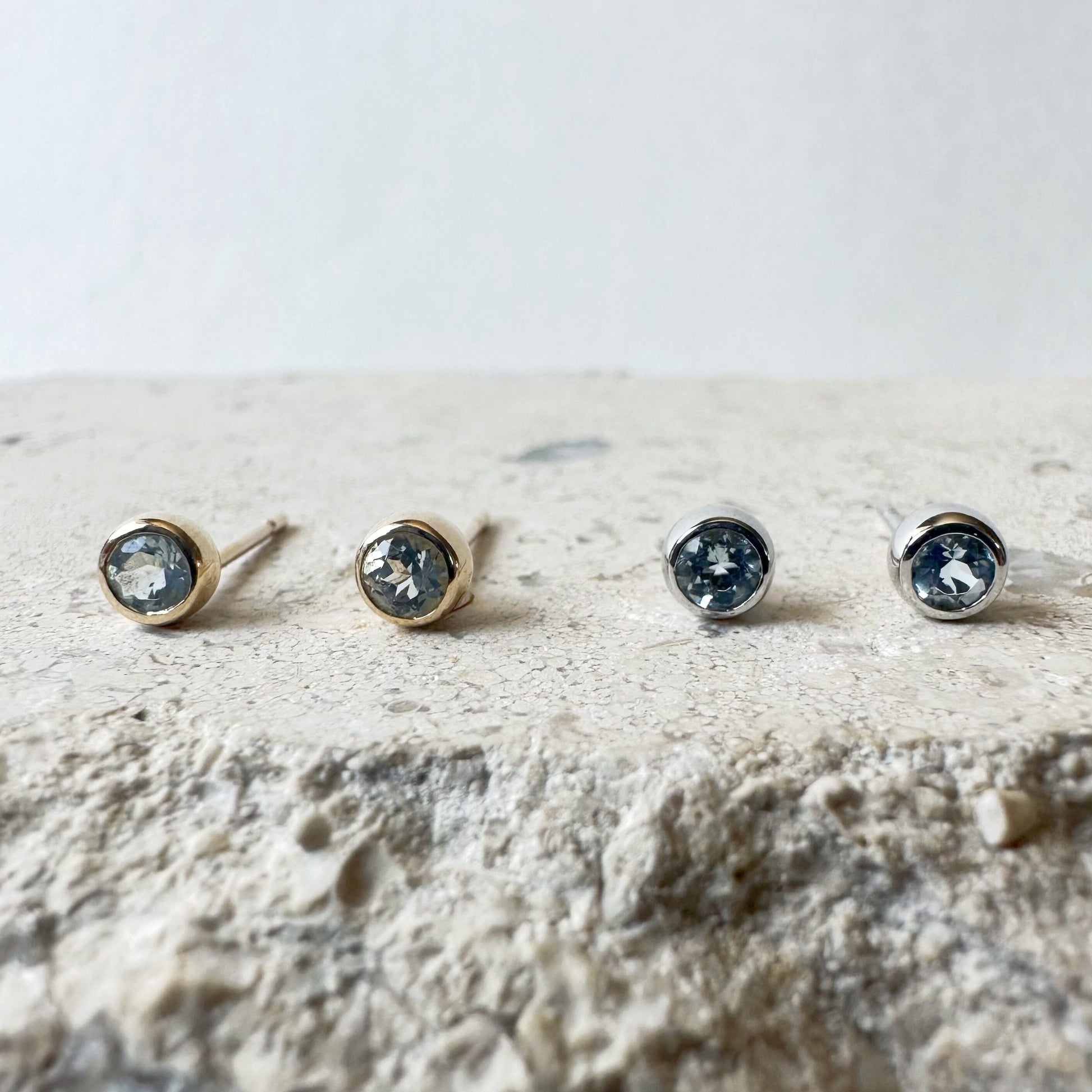 14K Solid Gold Genuine Round Aquamarine Bezel Studs/Pair