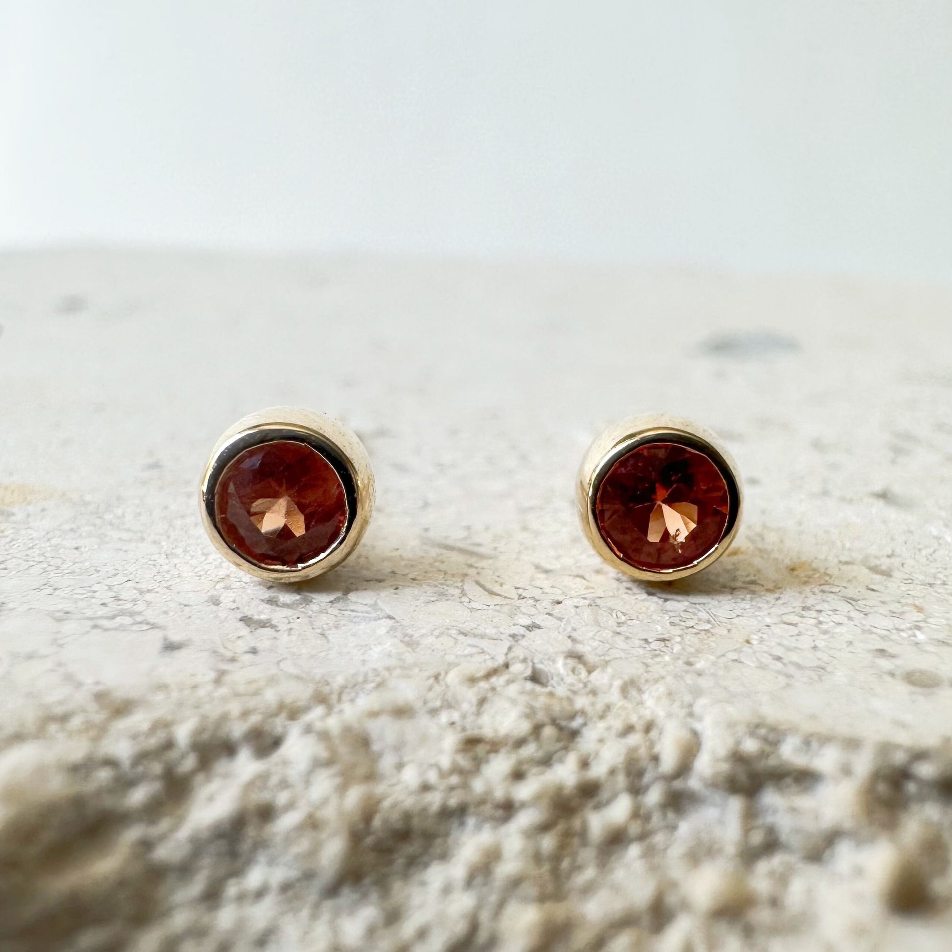 14K Solid Gold Genuine Round Orange Sapphire Bezel Studs/Pair