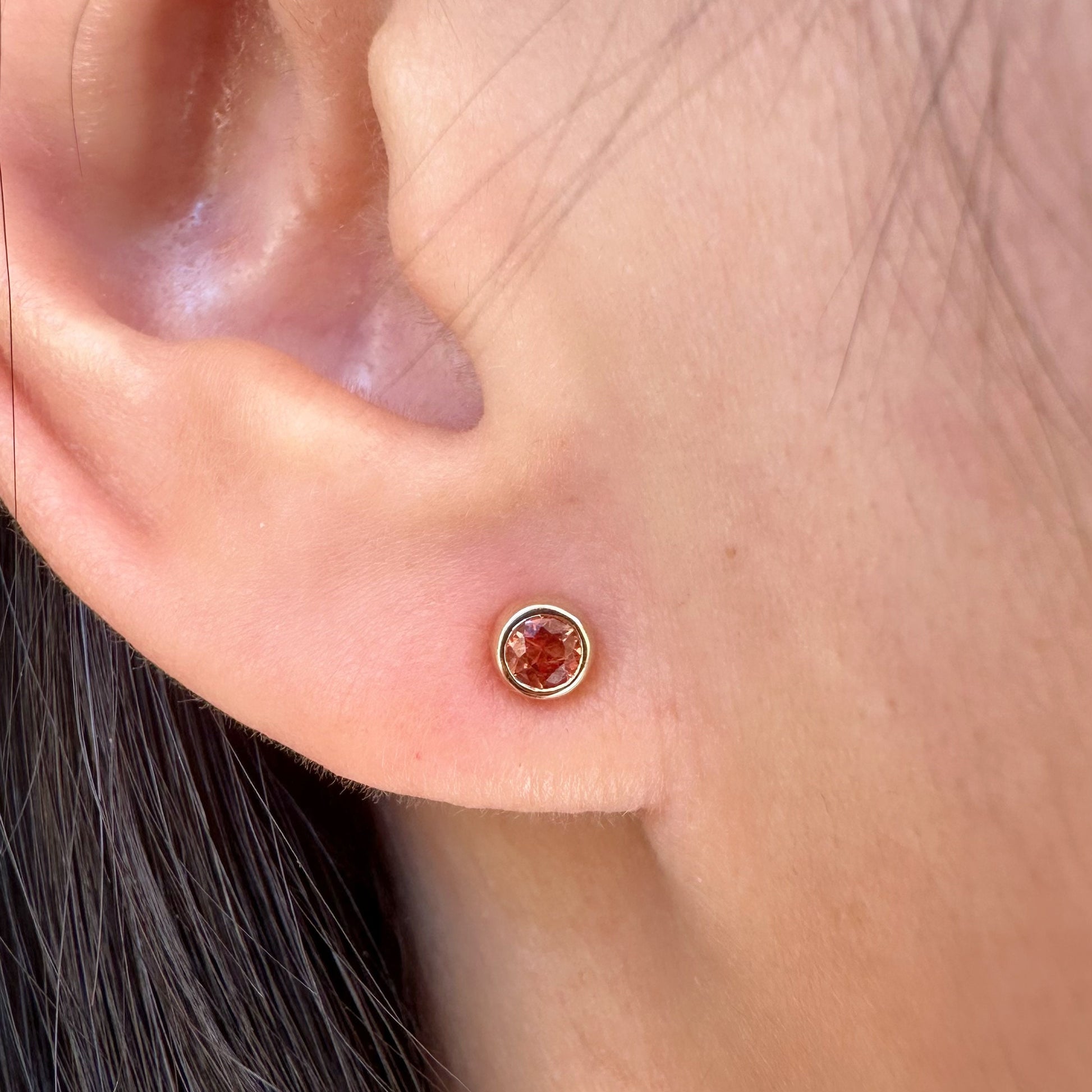 14K Solid Gold Genuine Round Orange Sapphire Bezel Studs/Pair