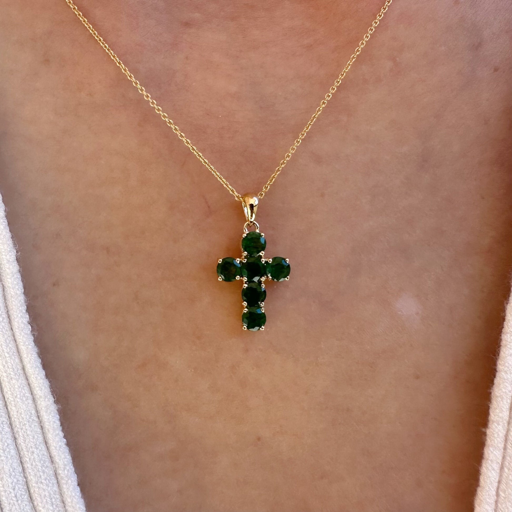14K Solid Gold Genuine Round Emerald Cross Pendant