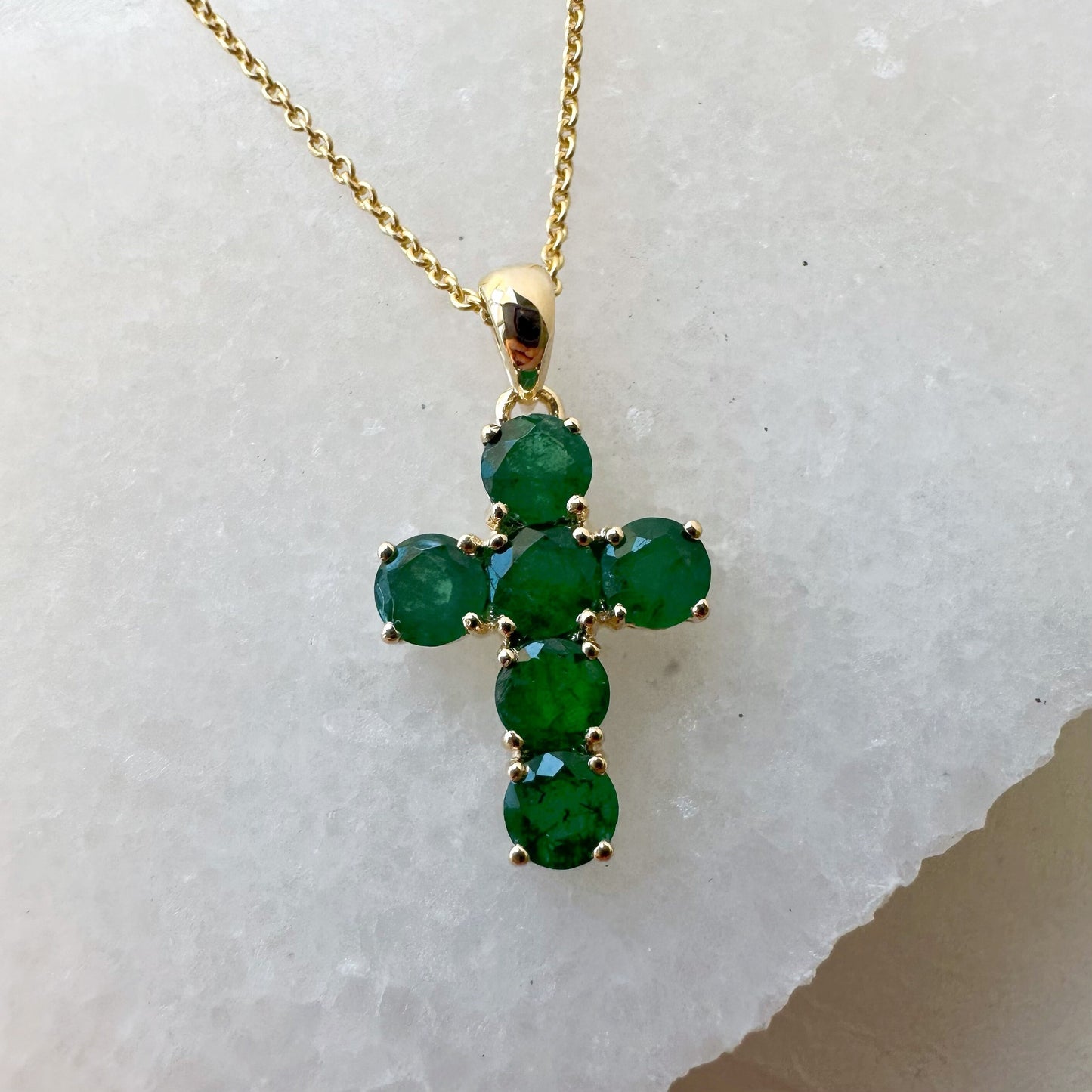 14K Solid Gold Genuine Round Emerald Cross Pendant