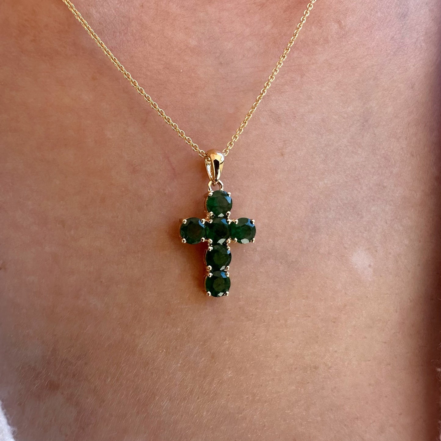 14K Solid Gold Genuine Round Emerald Cross Pendant