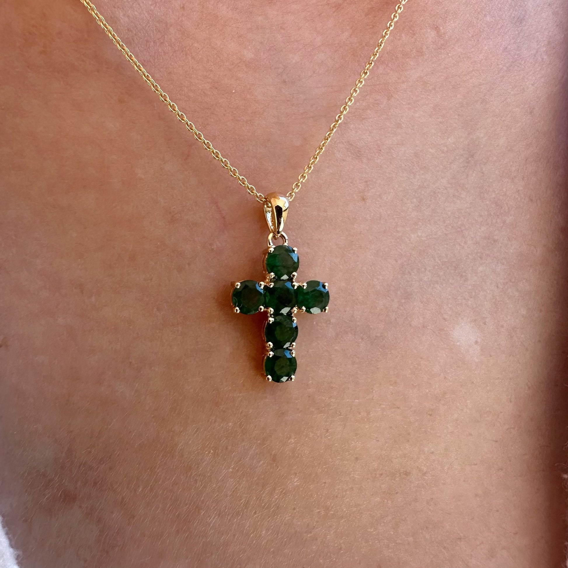 14K Solid Gold Genuine Round Emerald Cross Pendant